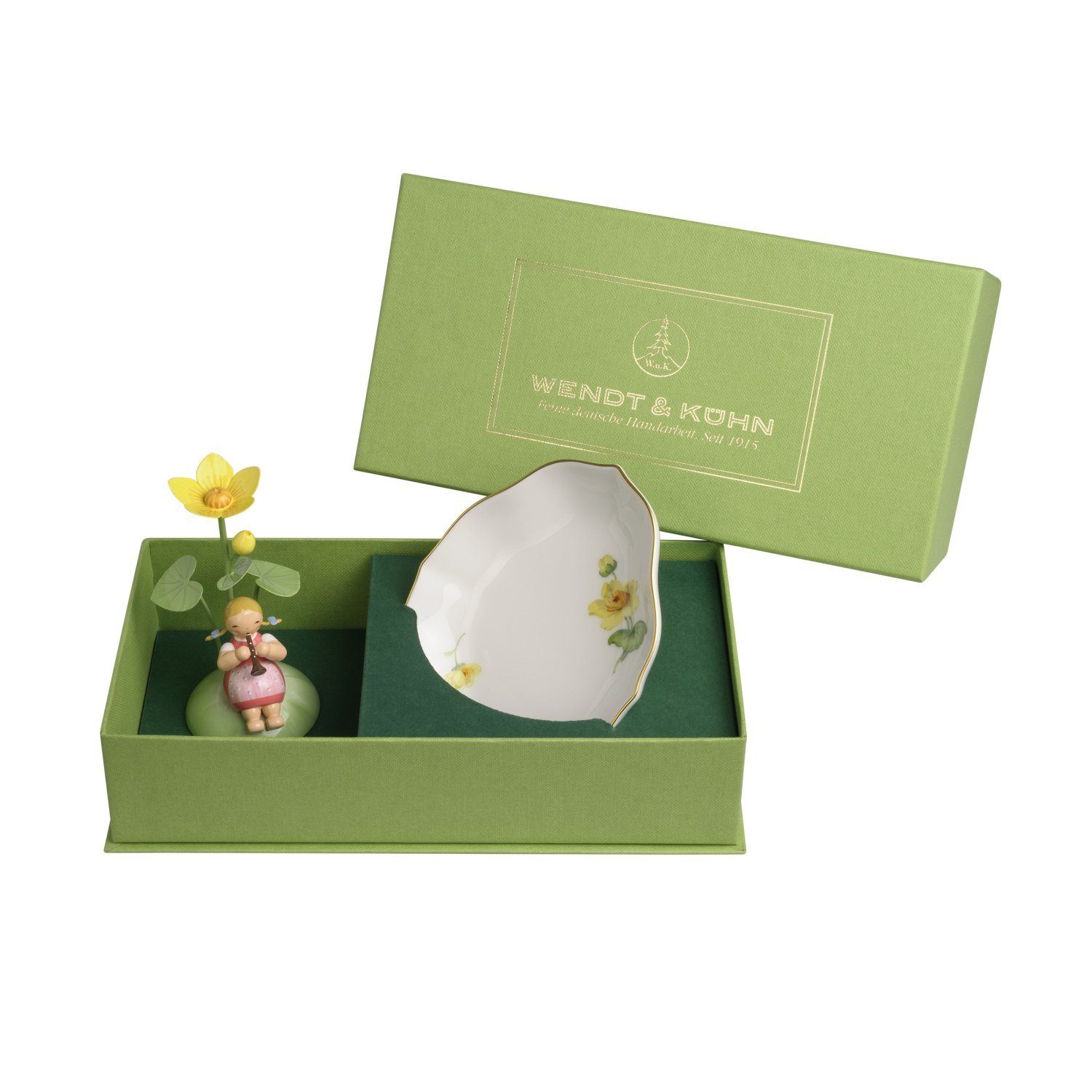 Wendt & Kühn Sammelfigur Mädchen mit Sumpfdotterblume auf Hügel mit Schale aus Meissen-Porzella