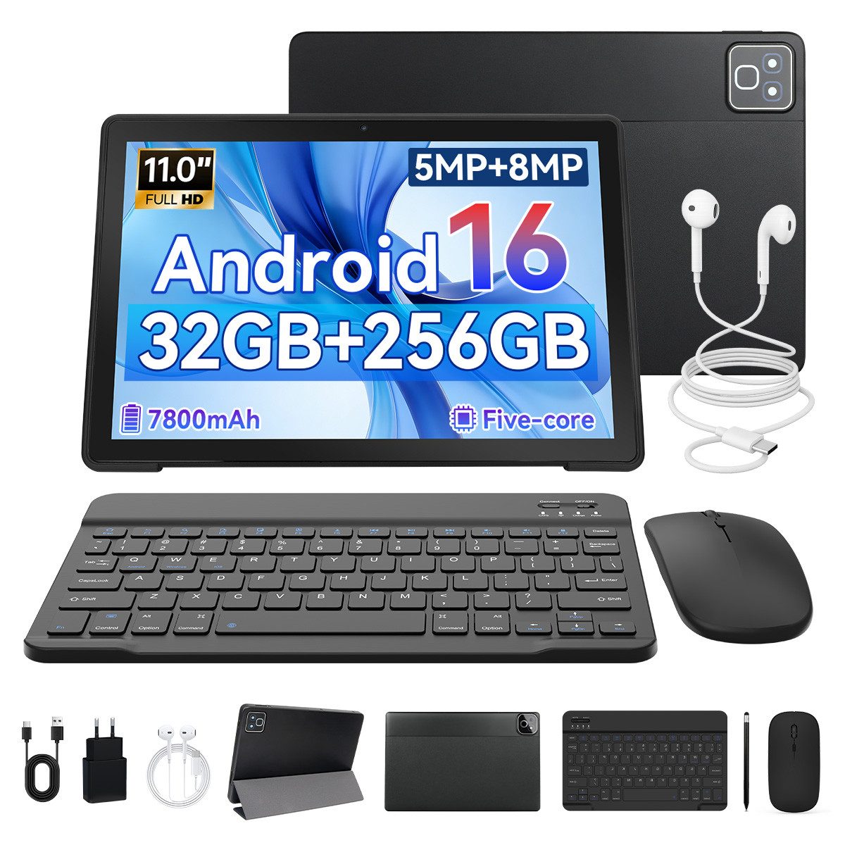 Happybe 11 Zoll Android 16, HD 1280x800, 7800mAh, Wifi 6, 128 GB/256GB Tablet (11", 256 GB, Android, 5 Kerne)