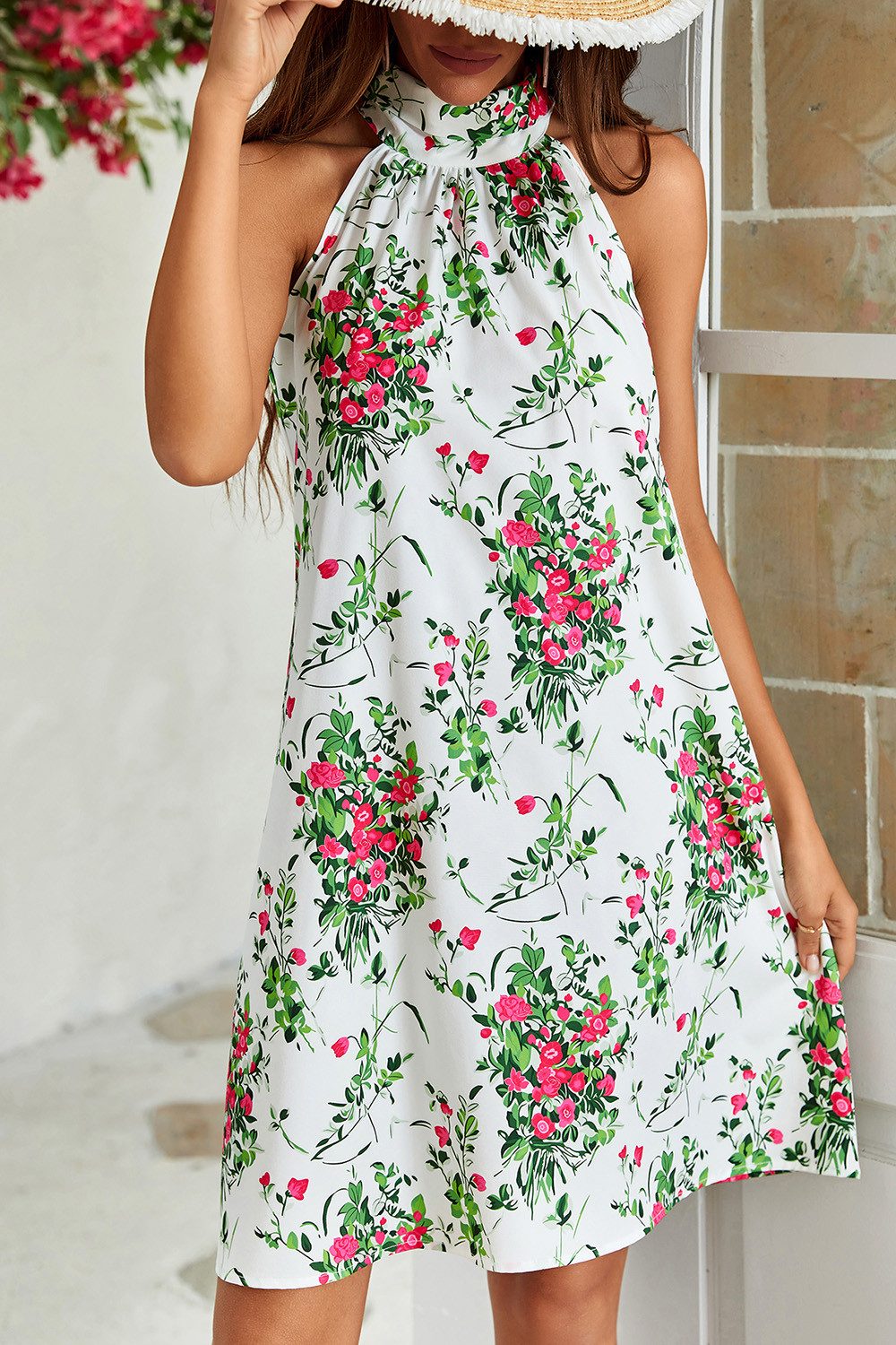 Minikleid Damen Minikleid Neckholder Sommerkleid mit Bindeband