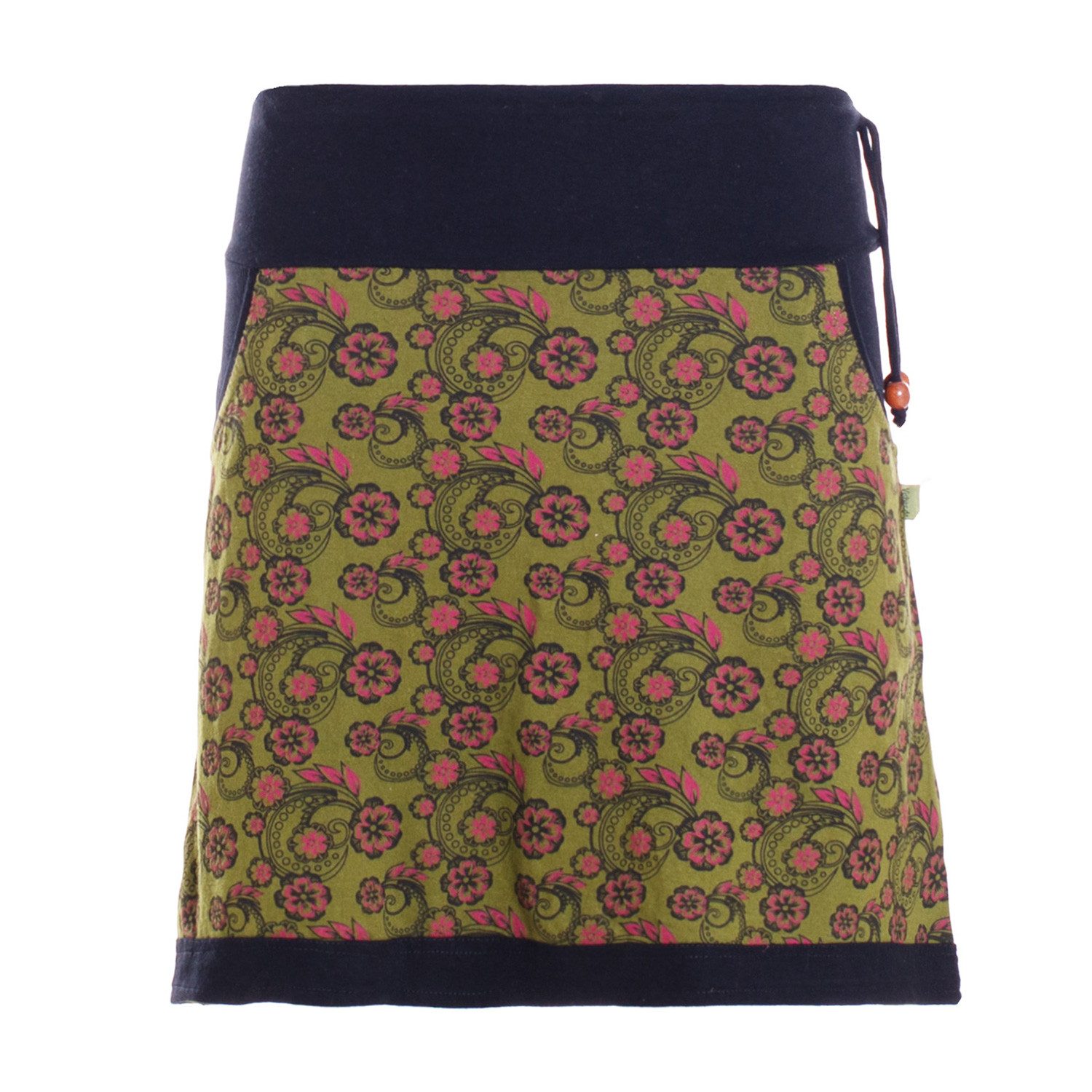 Minirock Damen Mini-Rock Baumwolle Blumen-Muster Drawstring-Bund mit Taschen