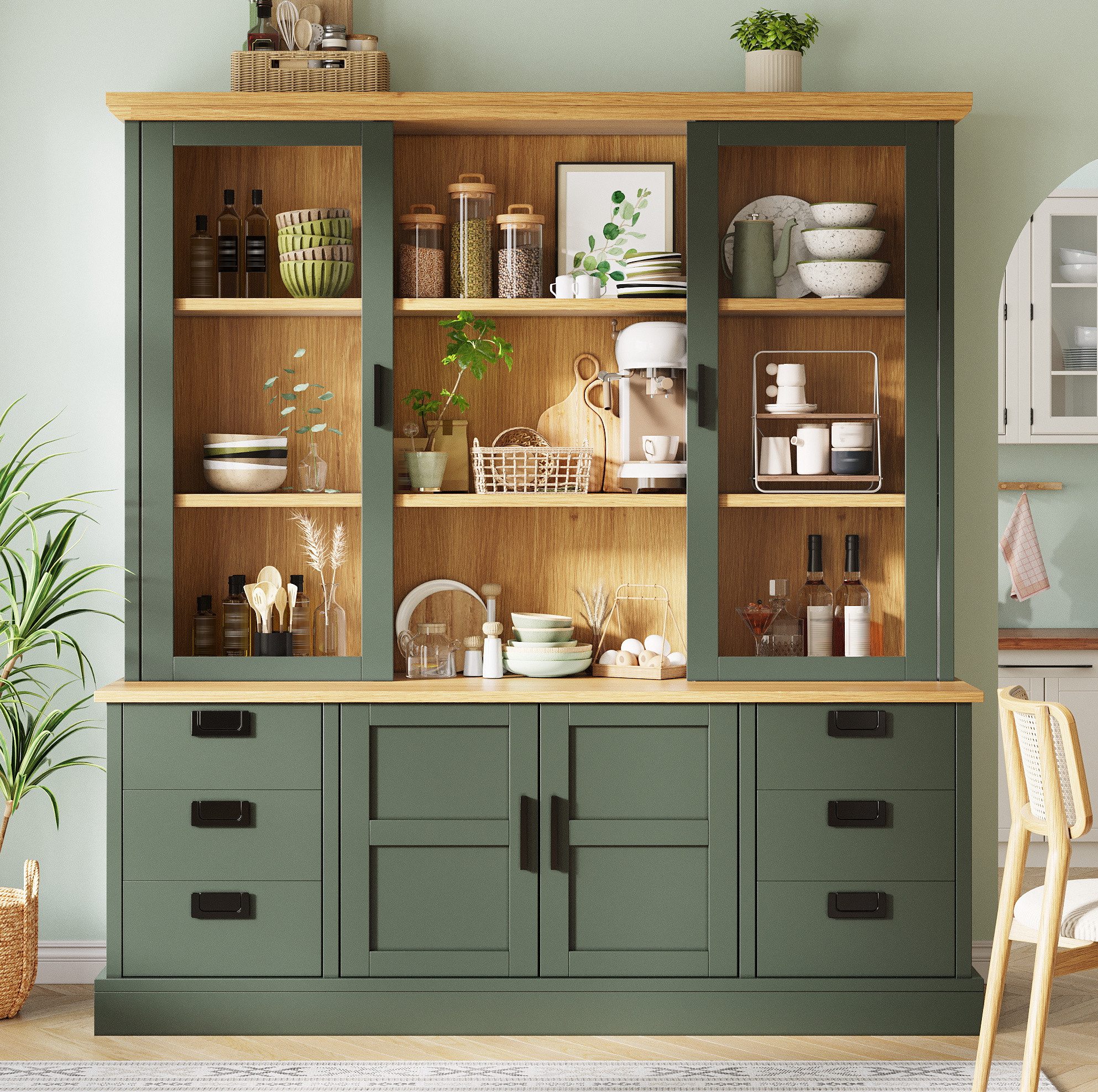 REDOM Hochschrank Kommode mit Schubladen und stabiler Anti-Kipp-Sicherung (Packung, 1-St., Einlegeböden verstellbar mit Doppeltüren für flexible Nutzung) Mehrzweckschrank 185cm Dunkelgrün mit Glasvitrine und Fächern