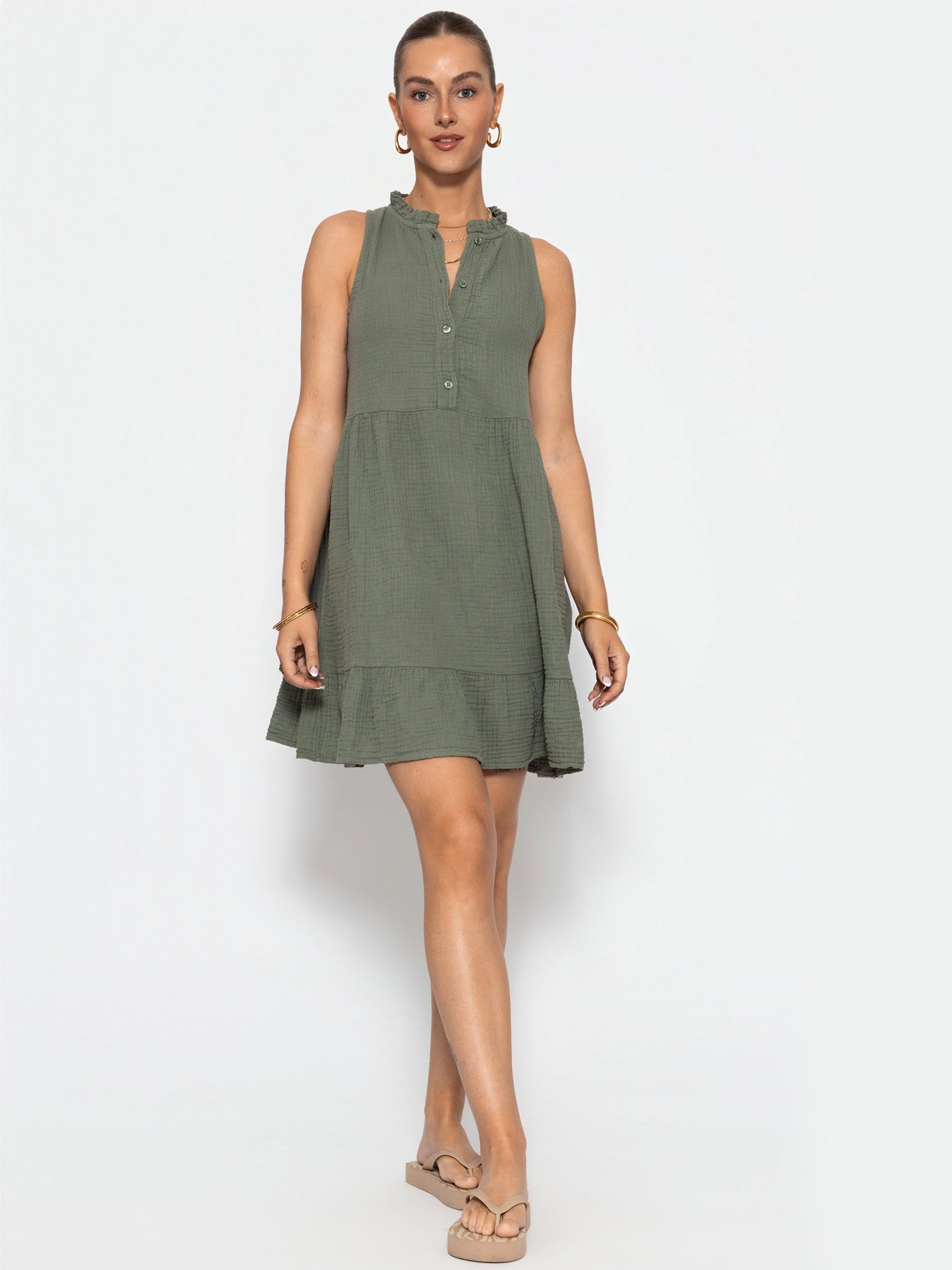 SASSYCLASSY Minikleid Ärmelloses Musselinkleid mit Volants für Damen Luftiges Sommerkleid aus Musselin Baumwolle mit Stehkragen
