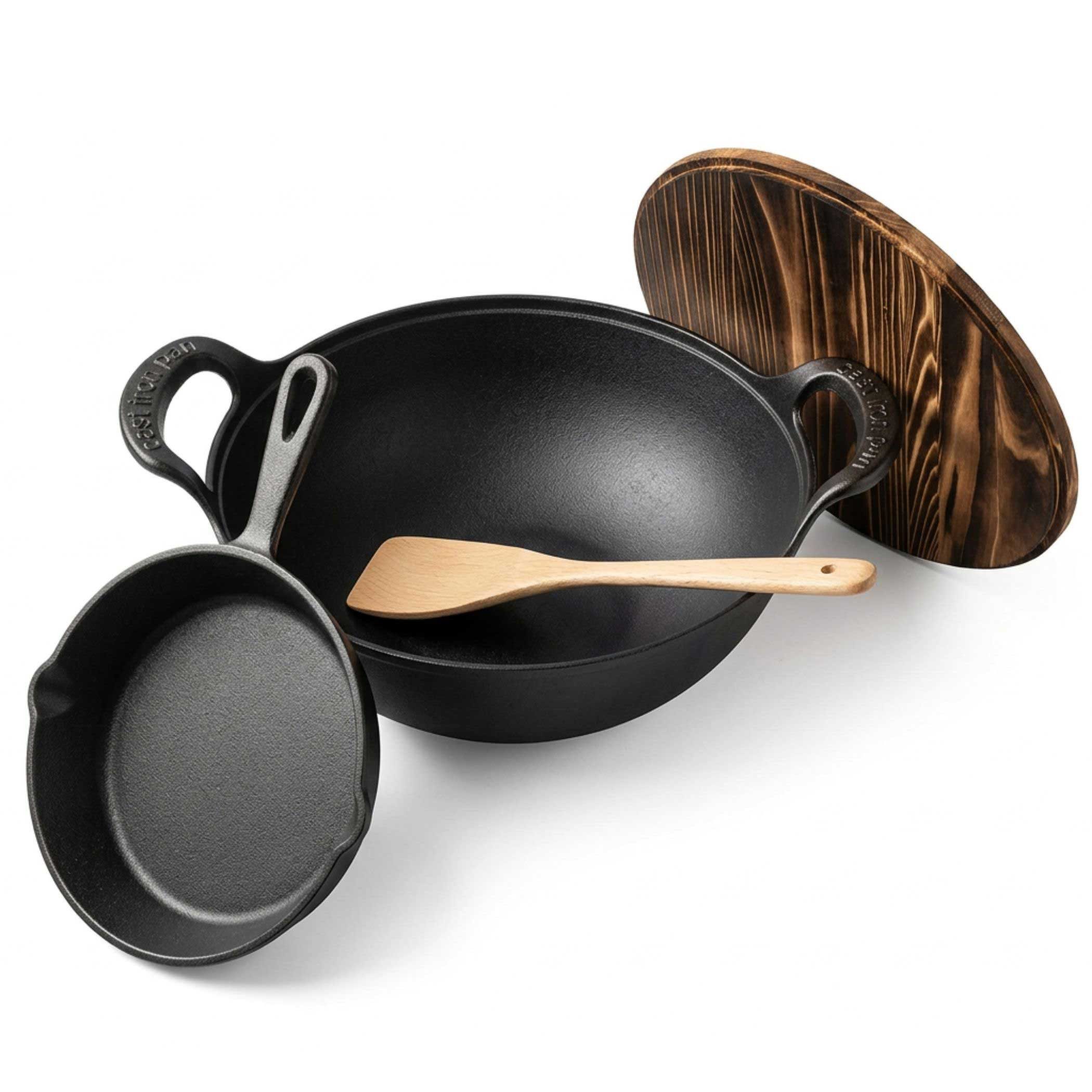 BIG-PAN Wok Gusseisen Kazan 5 L mit Holzdeckel, Pfanne 18,5 cm & Holzspate, Gusseisen (Wokpfanne-Set induktionsgeeignet, alle Herdarten Grill Backofen), Schmortopf Asiapfanne Wokpfanne