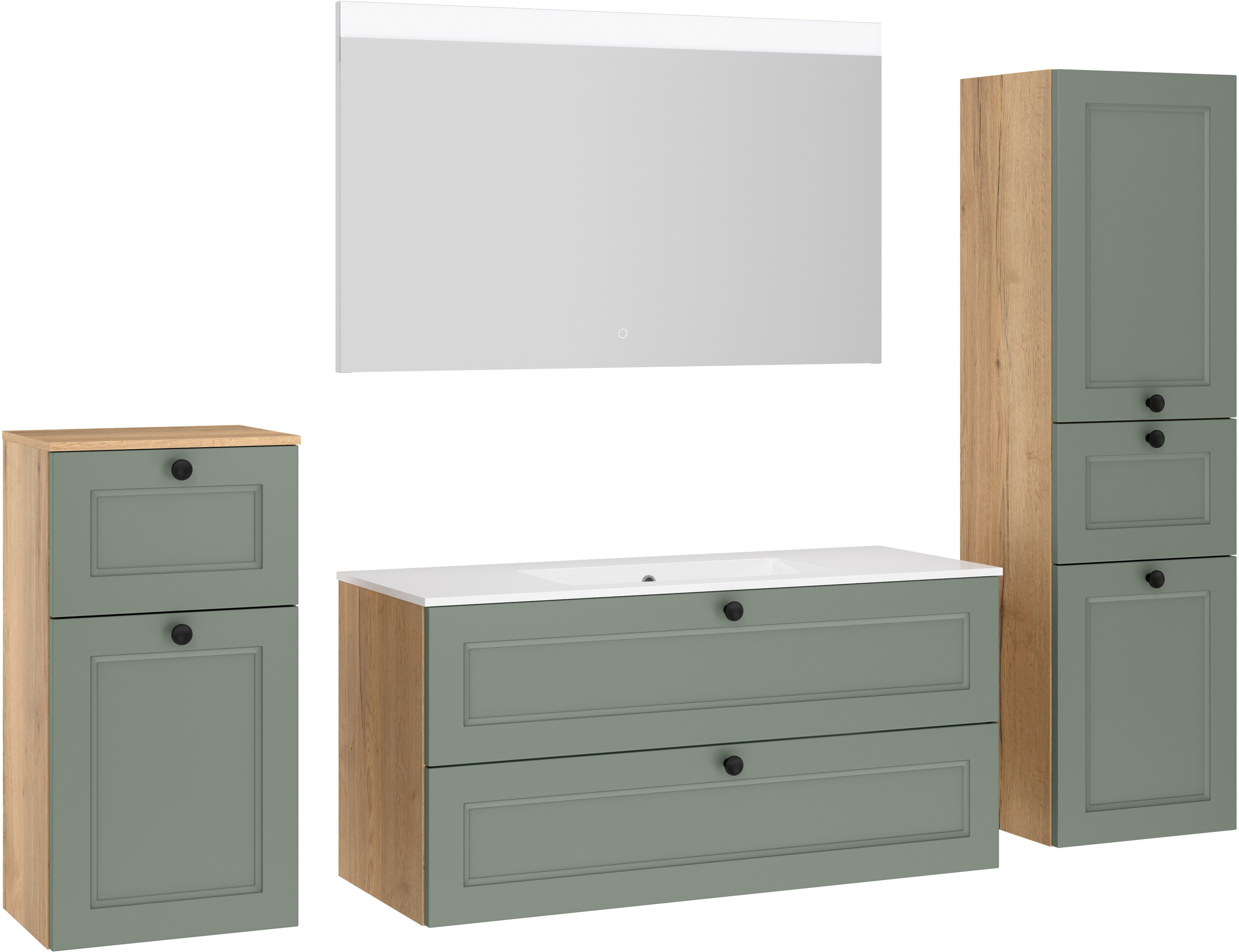 nobilia® Badmöbel-Set Cascada, (Set, 4-St., mit Waschbecken, inkl. beleuchtetem Spiegel mit Touch-Sensor), vormontiert, mit Soft-Close, in vier Breiten