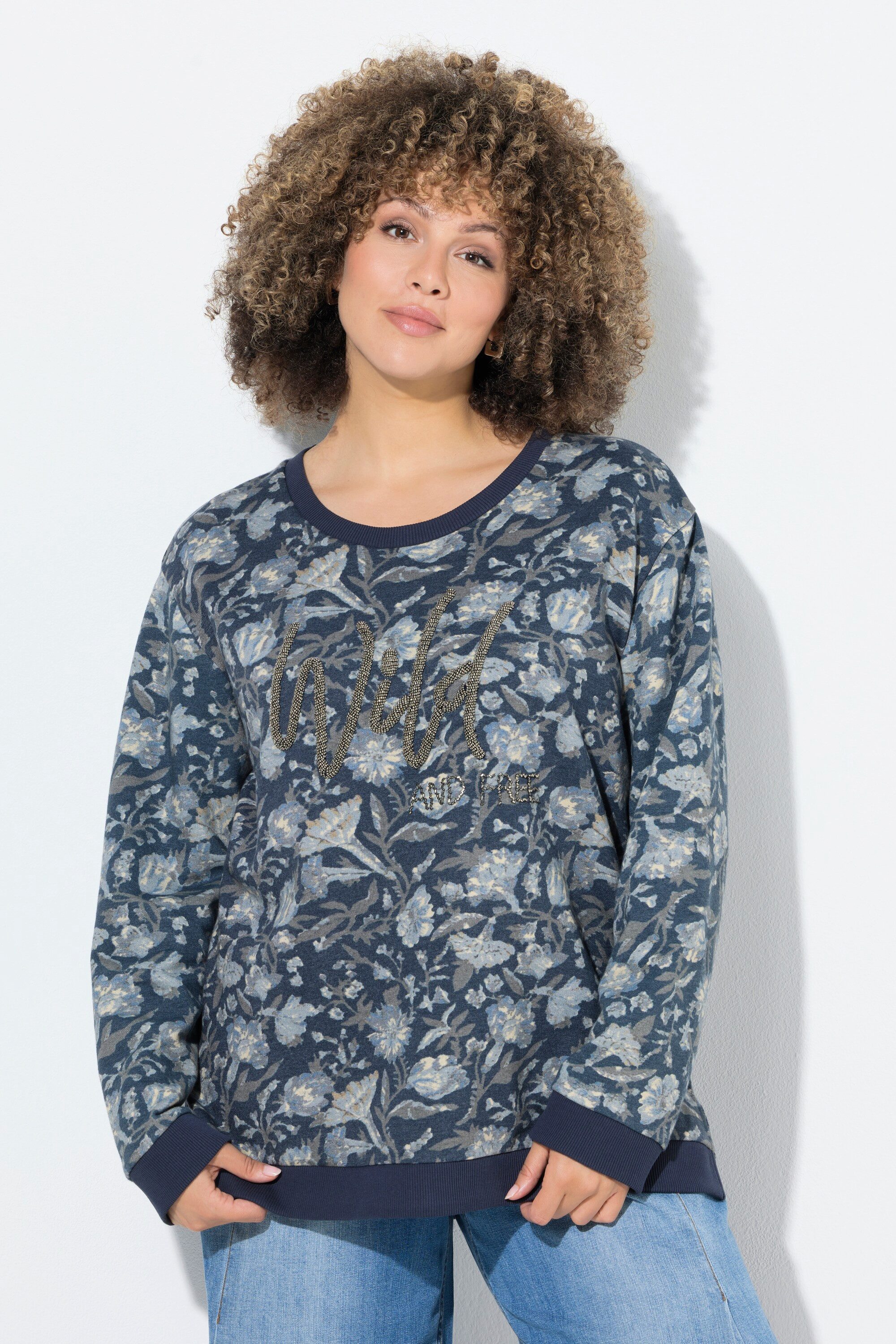 Ulla Popken Sweatshirt Sweatshirt Perlen-Schriftzug Rundhals Langarm günstig online kaufen