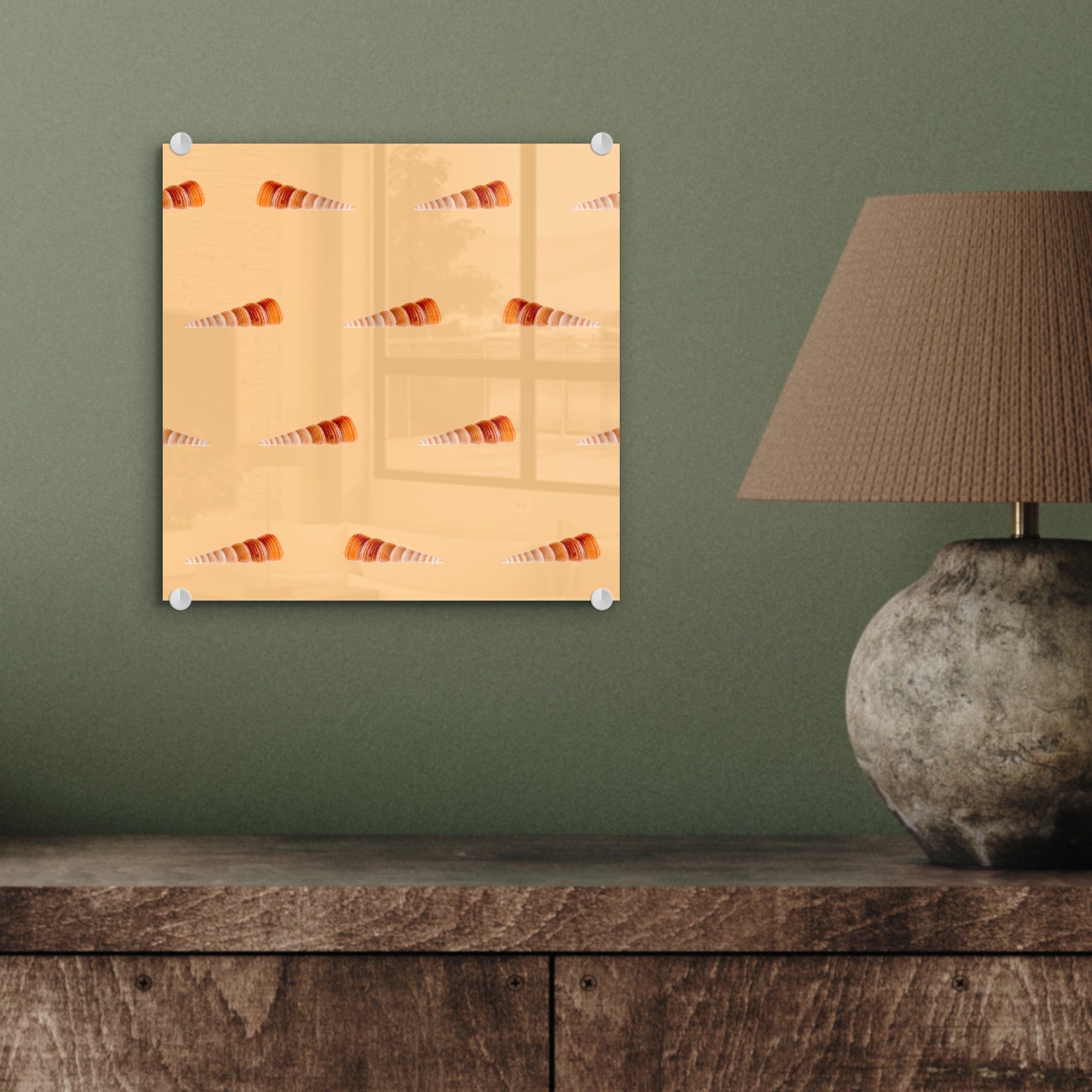 Orange, - Foto MuchoWow - auf - Wandbild Acrylglasbild - (1 Glas St), Wanddekoration Muster Glas Muscheln Bilder auf - Glasbilder