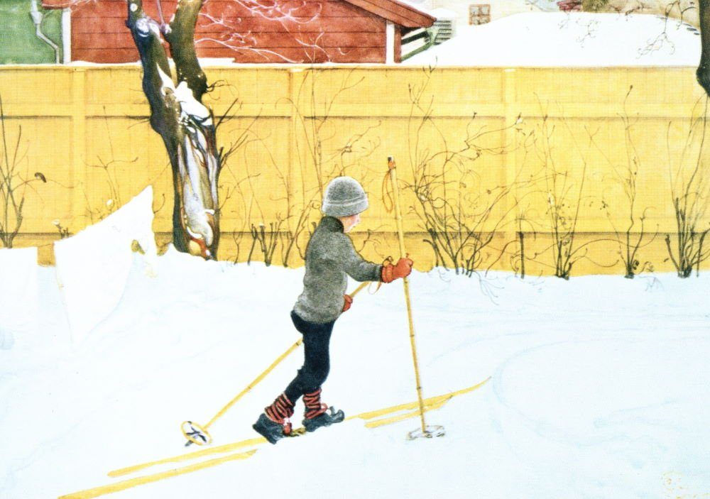 Postkarte Kunstkarte Carl Larsson "Esbjörn auf Skiern"