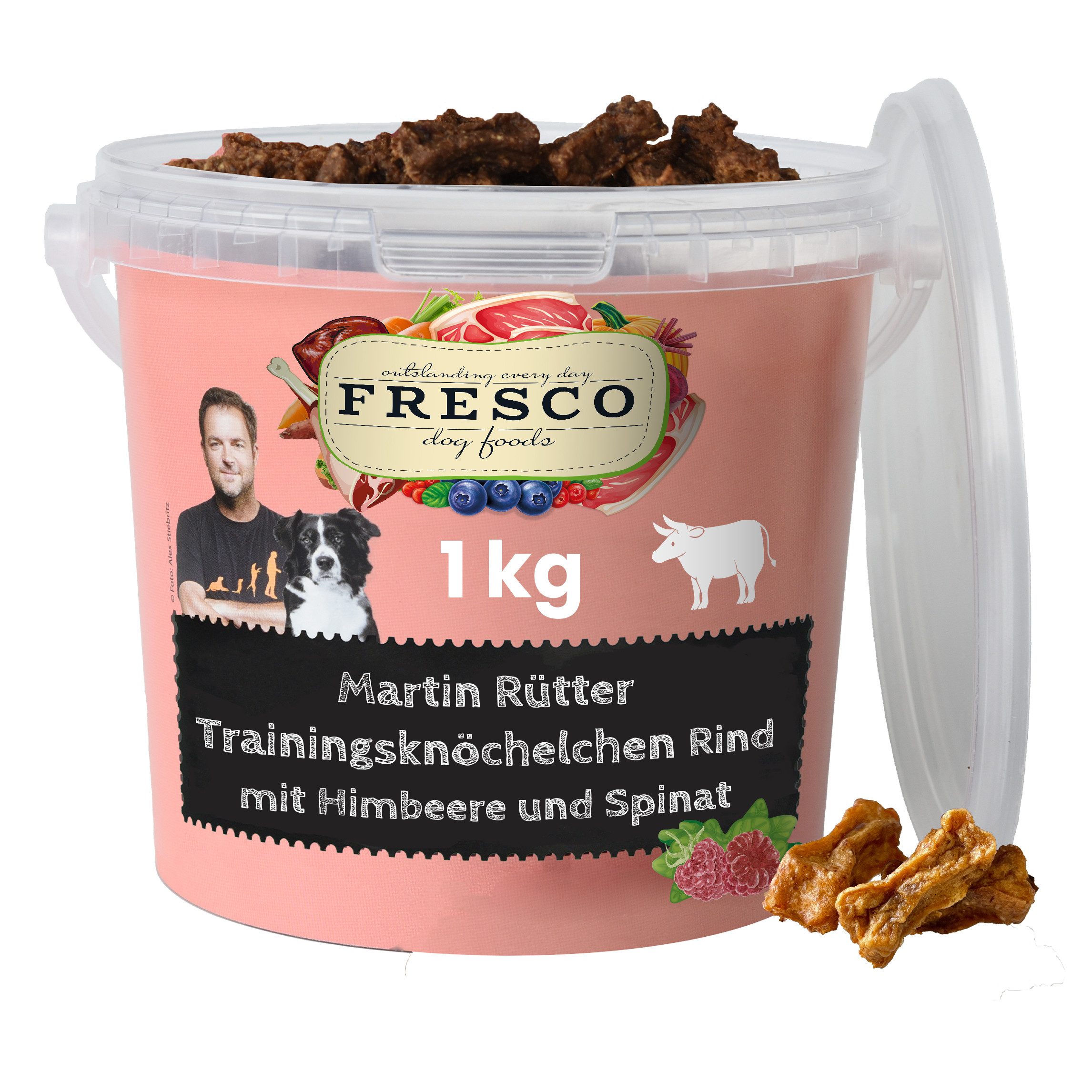 Fresco Dog Martin Rütter Trainingsknöchelchen 1kg, Hunde Leckerli Rind mit Himbeeren & Spinat, Snack für: Hunde, Getreidefrei, zuckerfrei & hoher Fleischanteil
