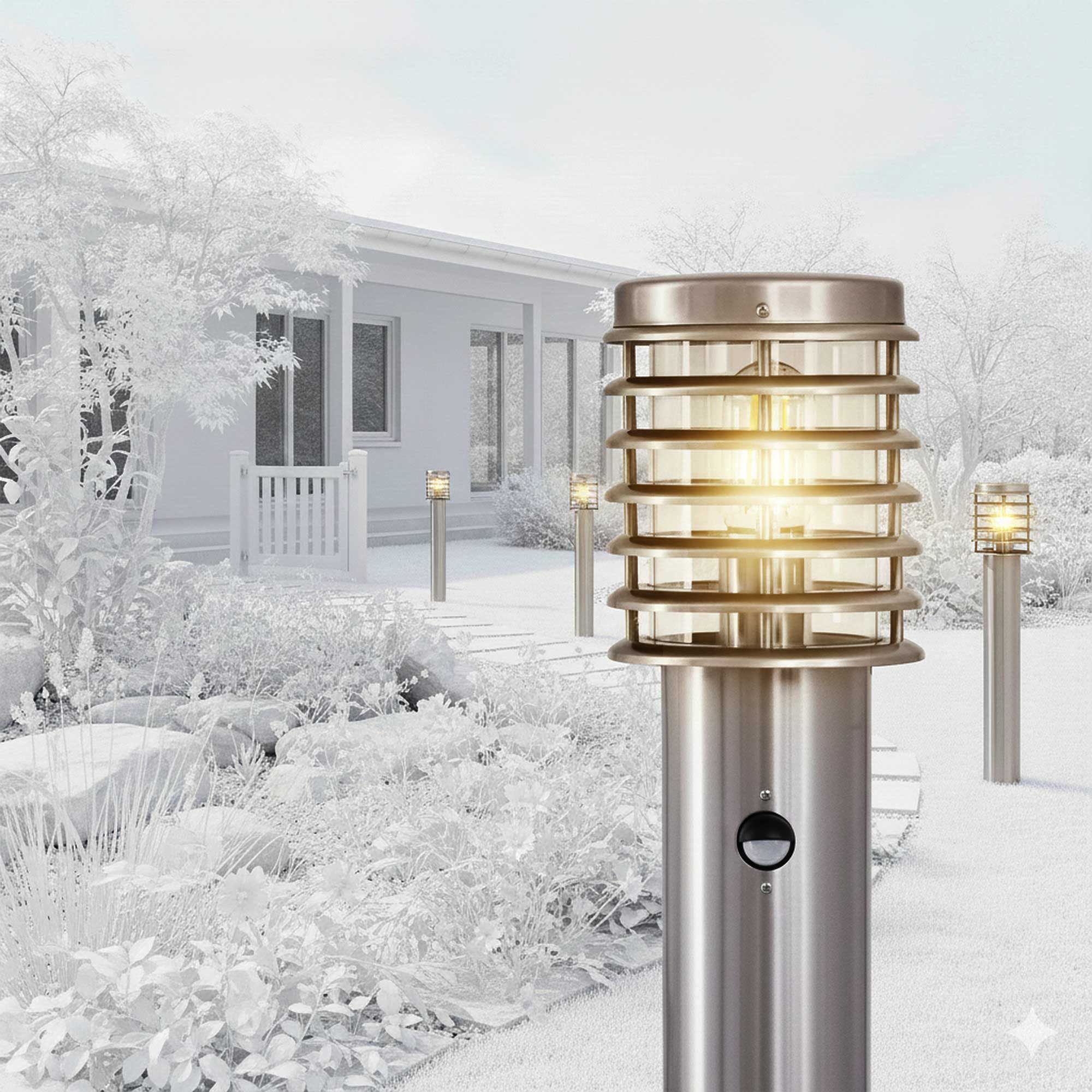 Maxkomfort Außen-Stehlampe 252D-800, mit Bewegungsmelder, ohne Leuchtmittel, Außenstandleuchte asu Edelstahl und Glas mit E27 Fassung