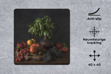 MuchoWow Gaming Mauspad Stilleben - Tomaten - Basilikum - Gemälde - Gemüse - Schwarz (1-St), Mousepad mit Rutschfester Unterseite, Gaming, 40x40 cm, XXL, Großes