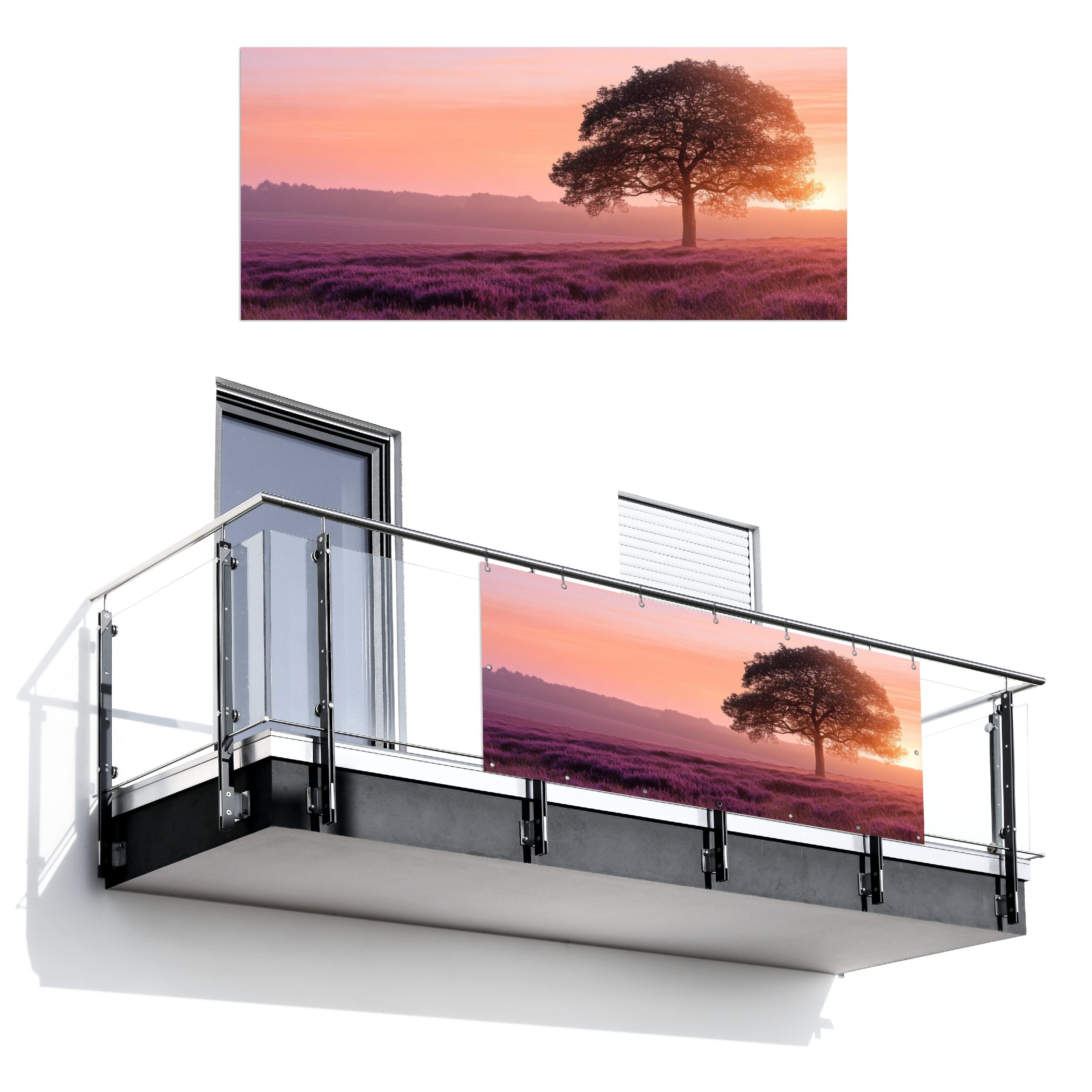 MuchoWow Balkonsichtschutz Baum - Heidekraut - Sonnenaufgang (1-St) Balkon Sichtschutz 90x200, Windschutz für Zaun PVC, 200x90 cm