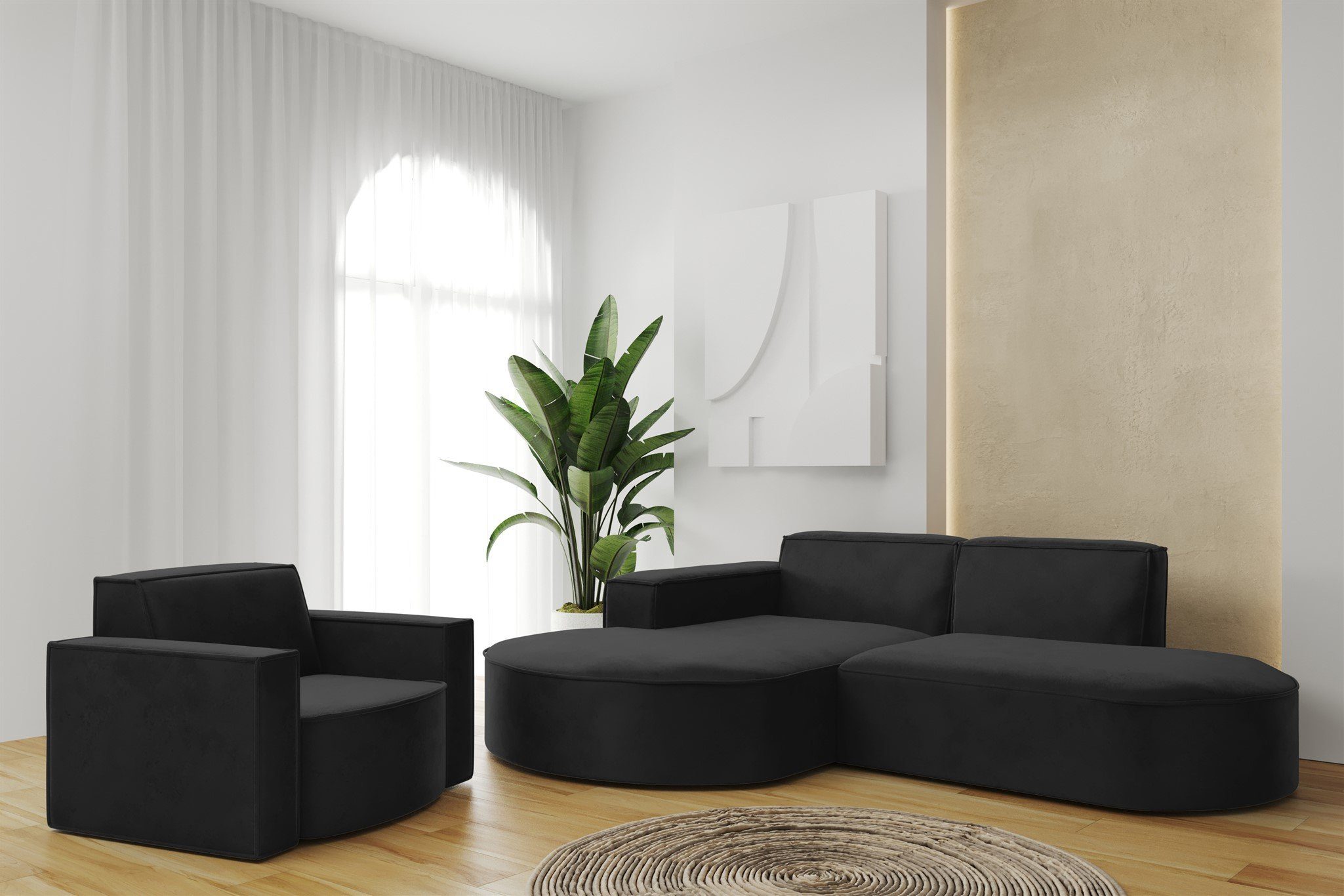 Fun Möbel Polstergarnitur Sofaset Designerecksofa PALMA XS plus Sessel in Stoff Opera Velvet, (Rundumbezug, mane Links oder Rechts) Schwarz | Couchgarnituren