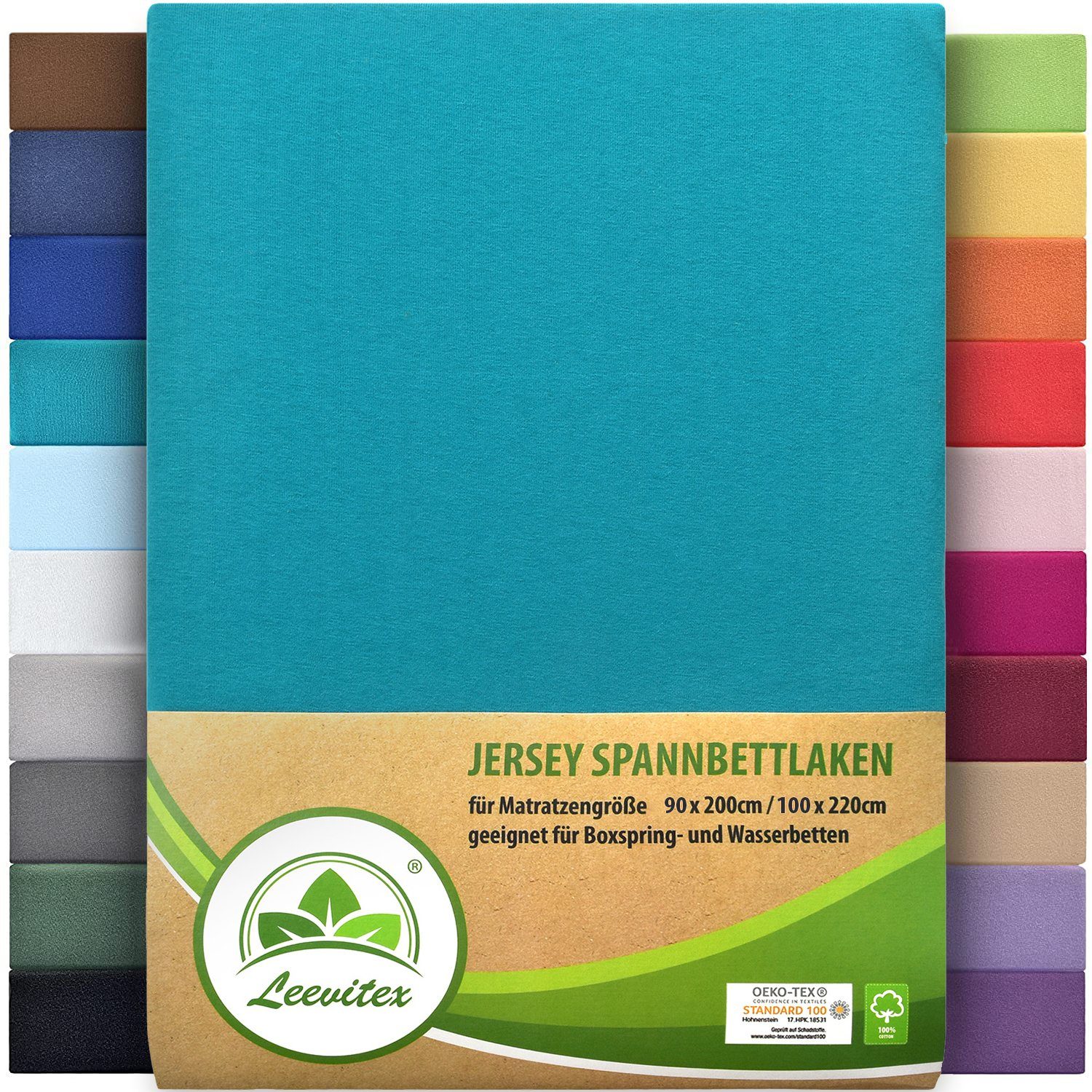 Spannbettlaken Premium 170, leevitex®, Gummizug: rundum, schwer und dick, 100% Jersey-Baumwolle, auch Boxspringbett geeignet Petrol / Seegrün