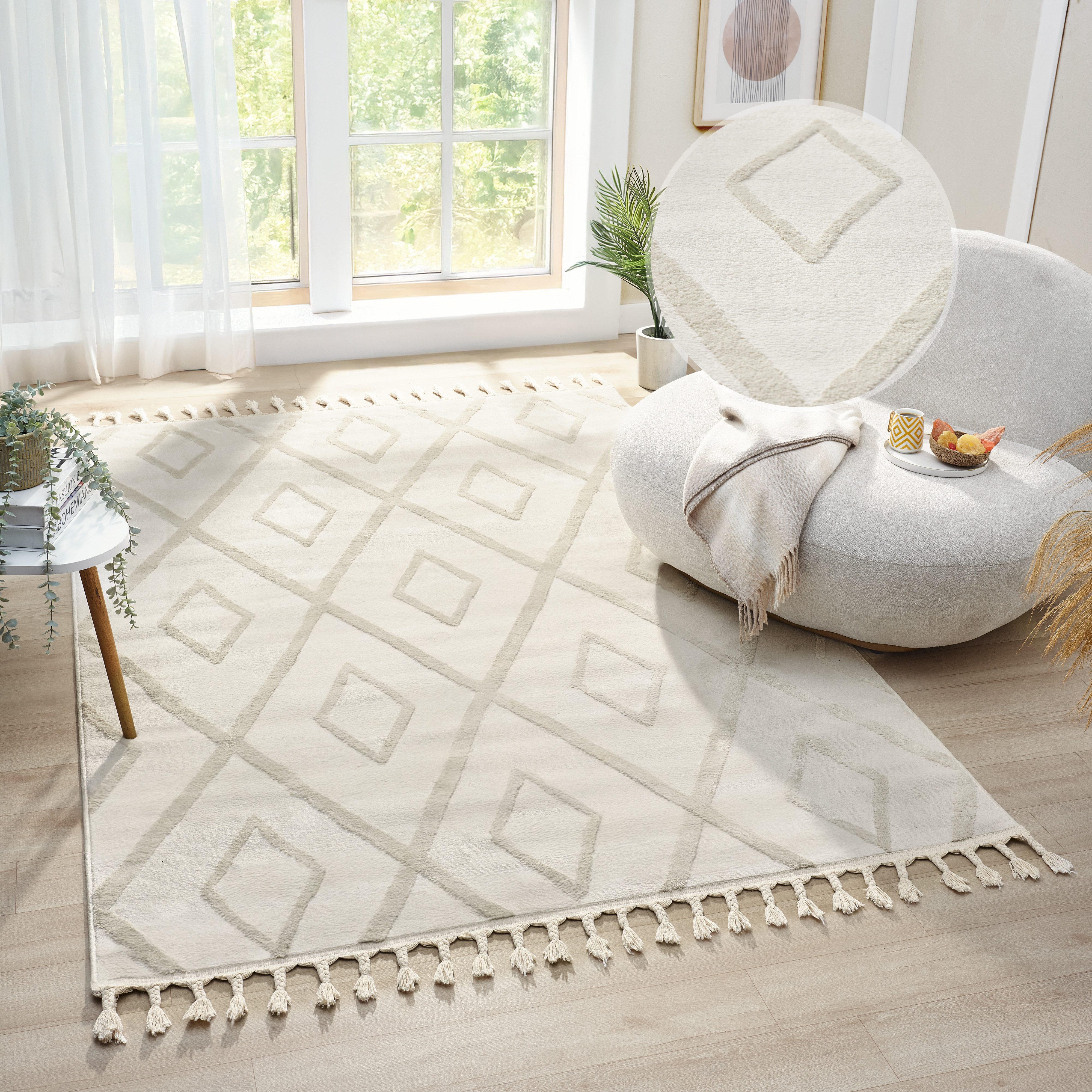 OTTO home Teppich Otilie, rechteckig, Höhe: 11 mm, dichte Qualität, Woll-Look, Boho, mit Fransen und Rauten, Scandi