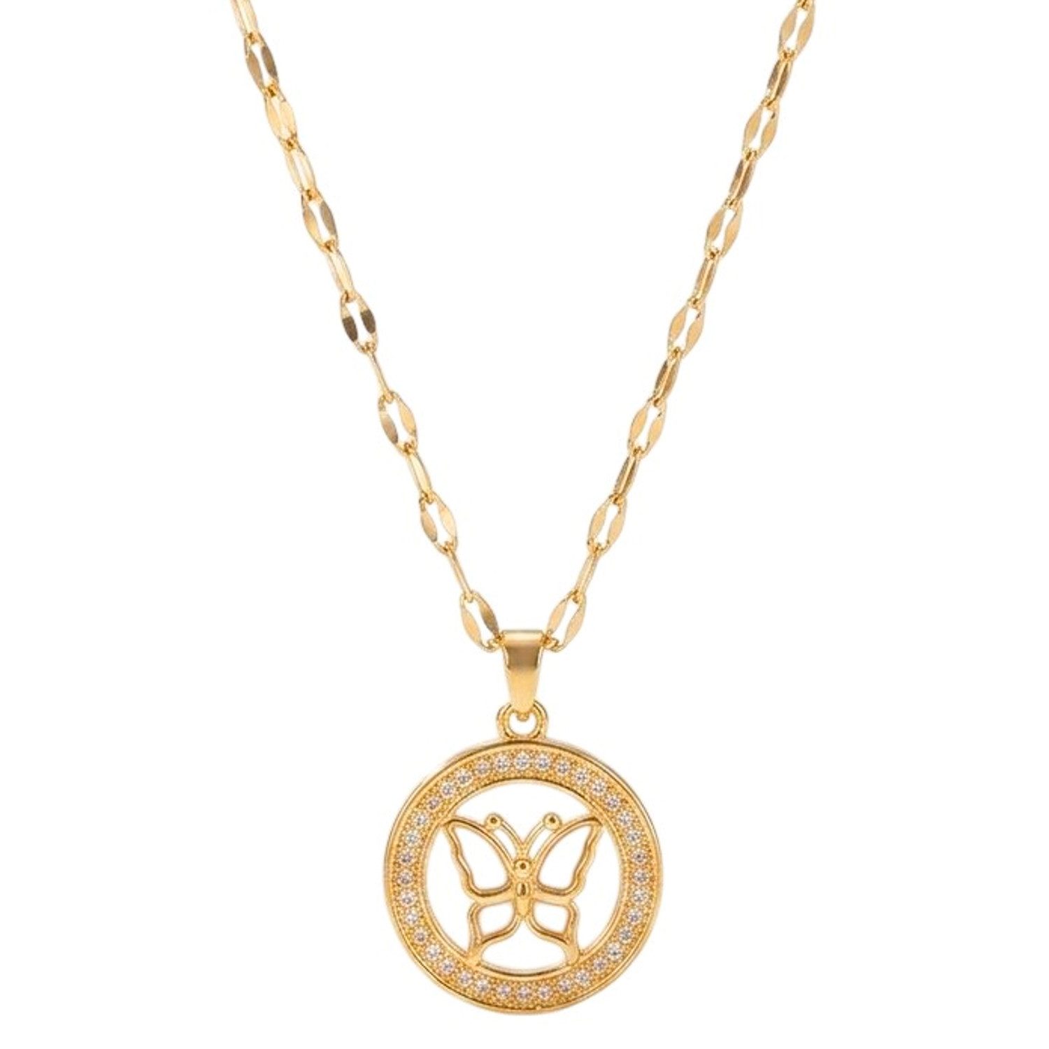 KARMA Kette mit Anhänger Damen Schmetterling Gold 40 cm Kette Edelstahl Kristalle (Schmuckbox, 1-tlg., Damenhalskette wasserfest hypoallergen rostfrei Damenschmuck), Halskette Sommerschmuck für Frauen modern