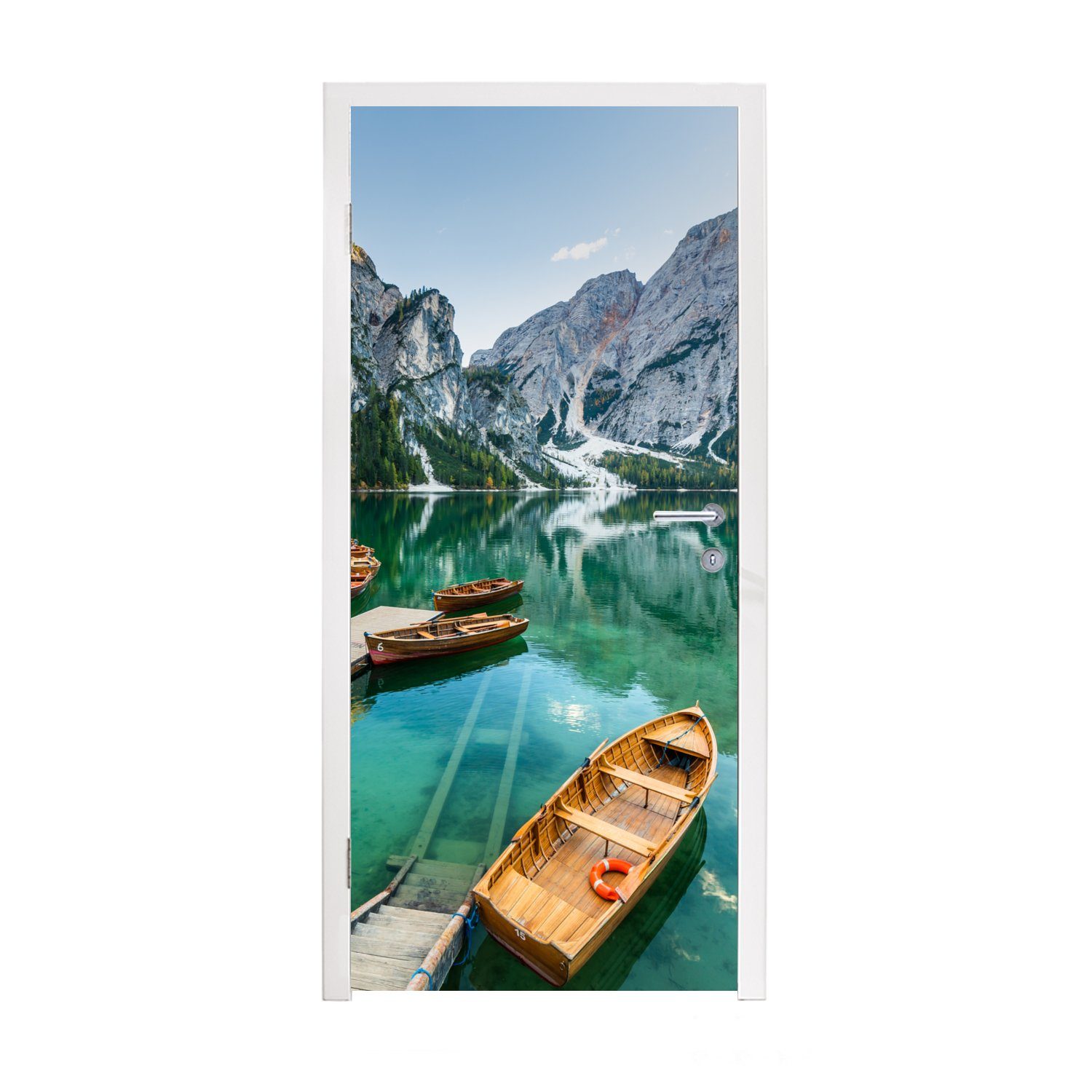 MuchoWow Türtapete Alpen - See - Boot, Matt, bedruckt, (1 St), Fototapete für Tür, Türaufkleber, 75x205 cm