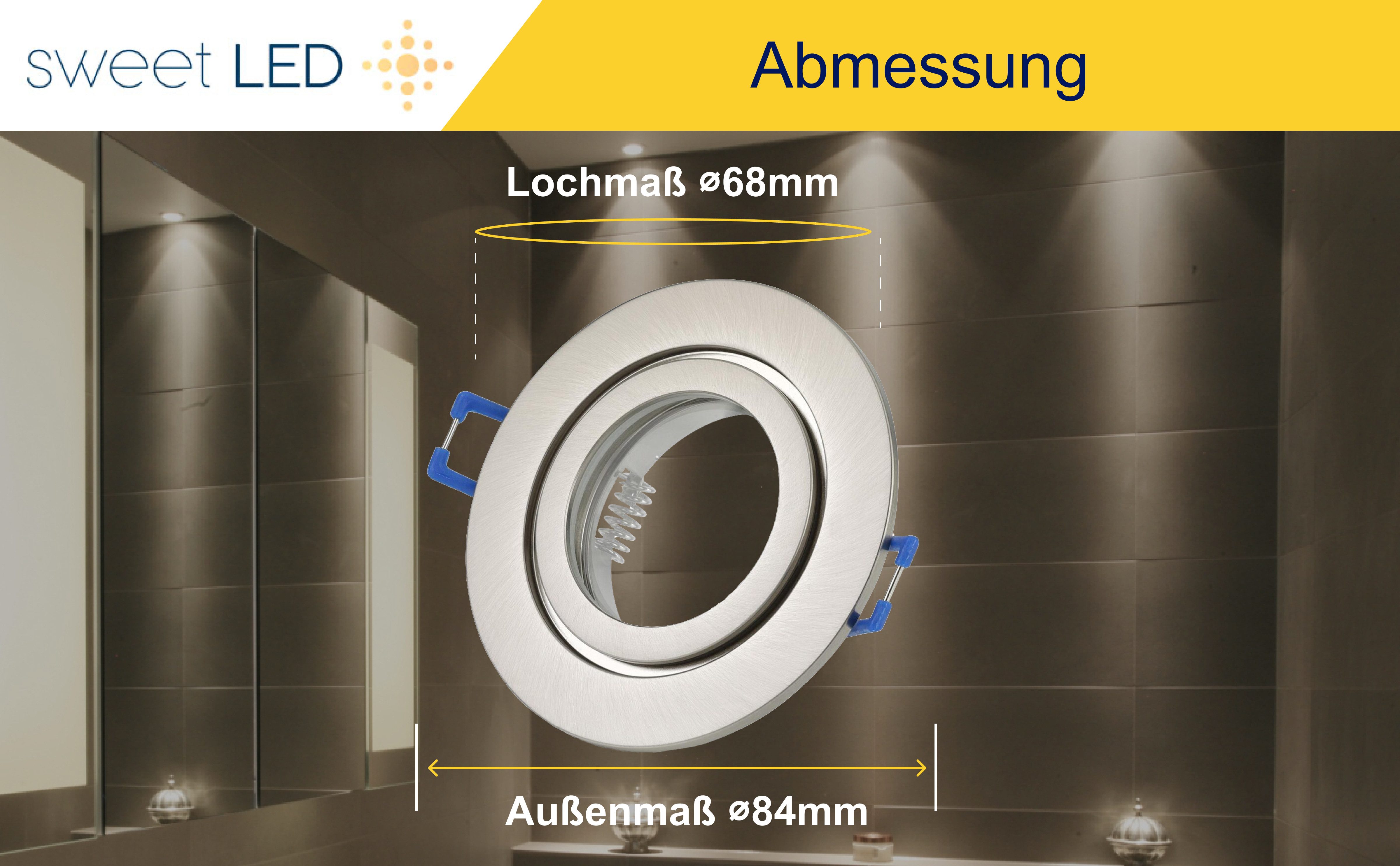 Sweet LED Deckenspot Chrom‑Gebürstet IP44 Aluminium Einbauspots Bad 230 V GU10, ohne Leuchtmittel, LED Deckenleuchte, Einbaustrahler, Deckenlampe