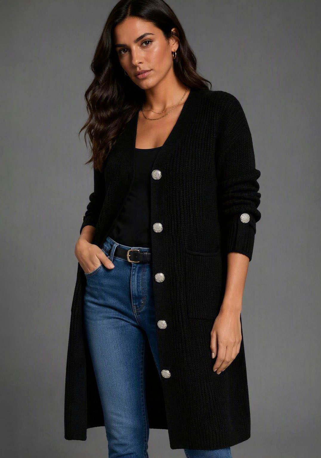 Bruno Banani Longstrickjacke Oversize-Passform, ca. Mitte Knie, mit Knöpfen, unifarben, ohne Kragen