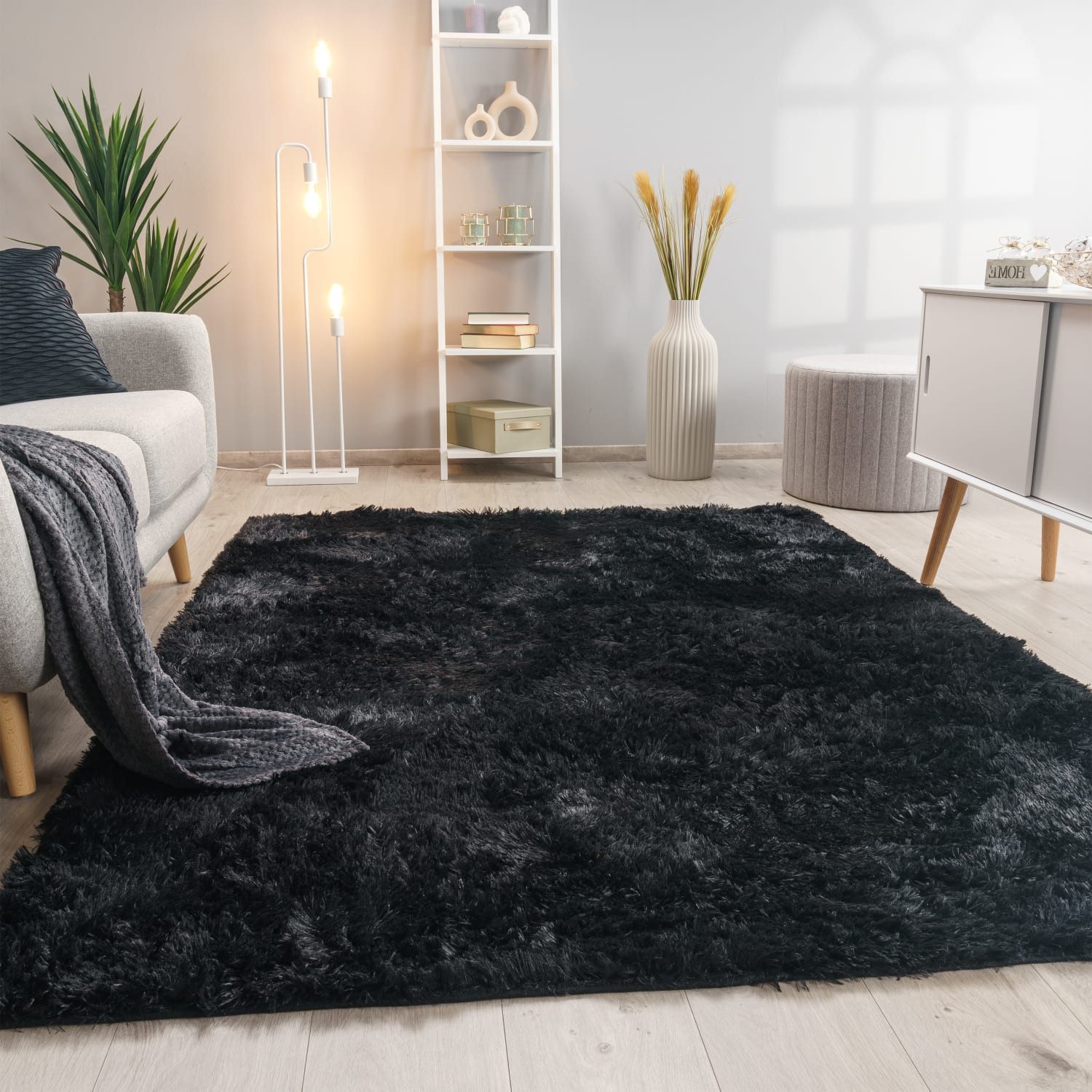 KADIMA DESIGN Teppich waschbar Unifarben Schlafzimmer Hochflor Teppich Shaggy, Rechteckig, Höhe: 37 mm, Florhöhe: 33 mm, 100% Polyester, Rechteckig, 160x220cm, Schwarz