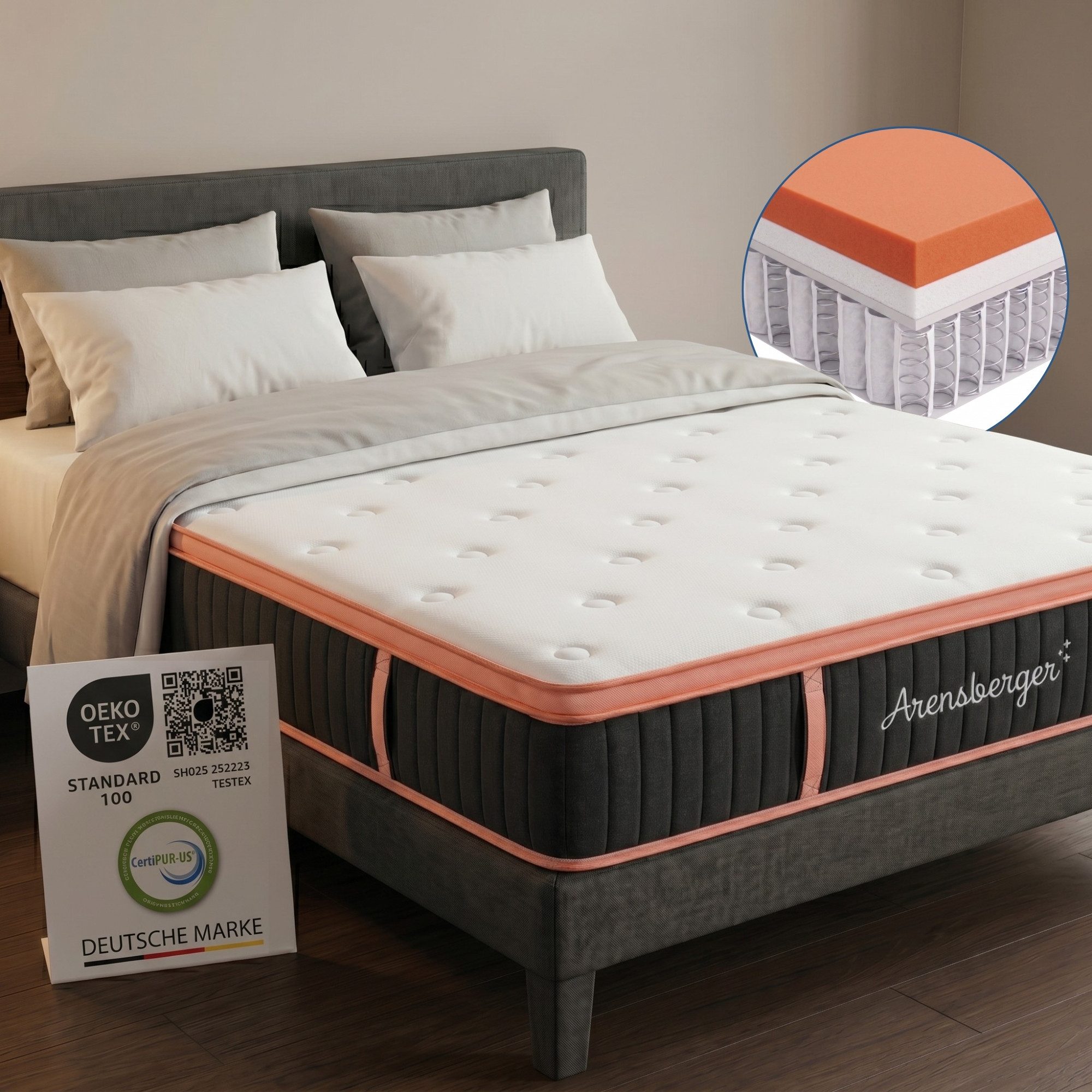 Taschenfederkernmatratze Matratze KUPFER, 25cm hoch, Taschen Federkernmatratze H3 H4Premium, Arensberger, 25 cm hoch, (90x200 cm), Taschenfederkernmatratze mit Kupferschaum, integr. Topper 90x200cm