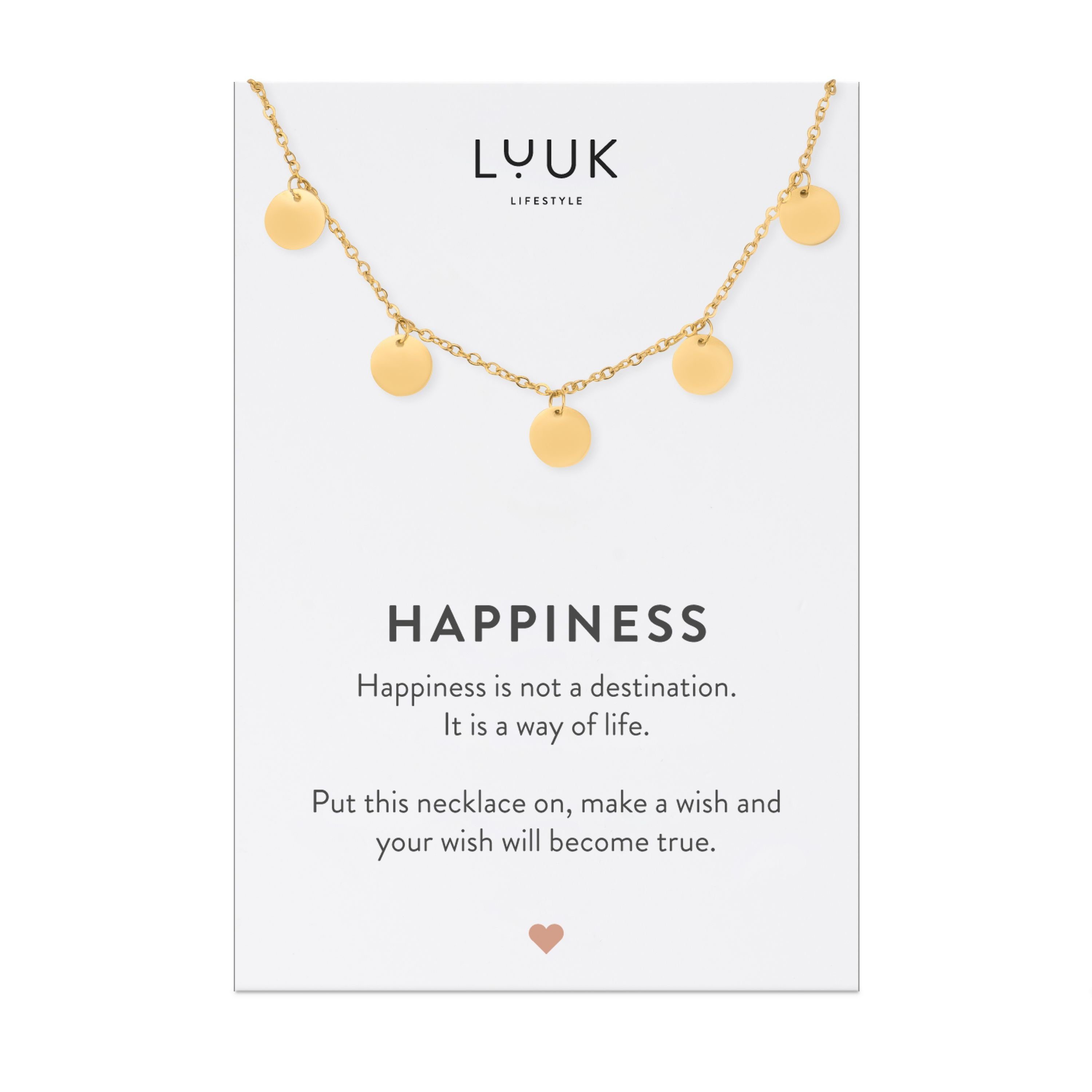 LUUK LIFESTYLE Kette mit Anhänger Plättchen, HAPPINESS Geschenkkarte, hochwertiger Edelstahl Gold | Ketten mit Anhänger