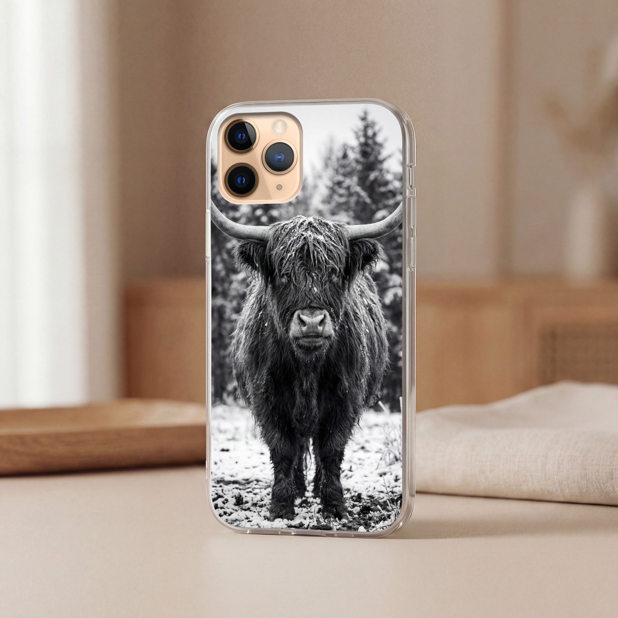 MuchoWow Handyhülle für Apple iPhone 11 Pro Max Schottischer Highlander - Schwarz - Weiß -, Smartphone-Bumper, Print, Handy Schutzhülle Dünn
