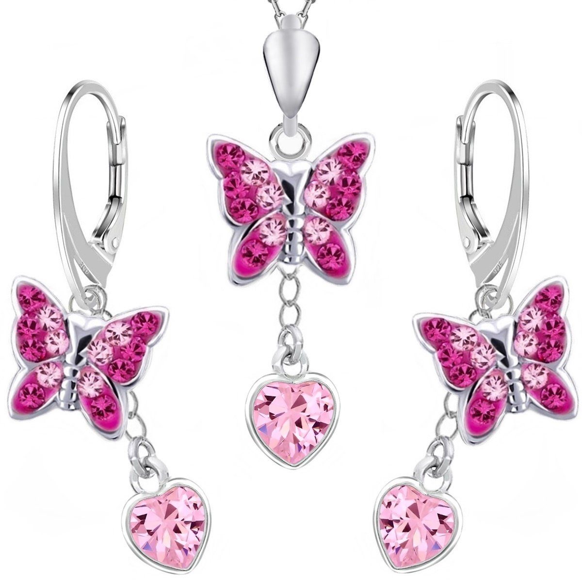 Goldene Hufeisen Schmuckset Schmetterling mit Rosa Herz Zirkonia Ohrringe Kette 925 Silber (4-tlg, inkl. Etui), Handgefertigt Magenta