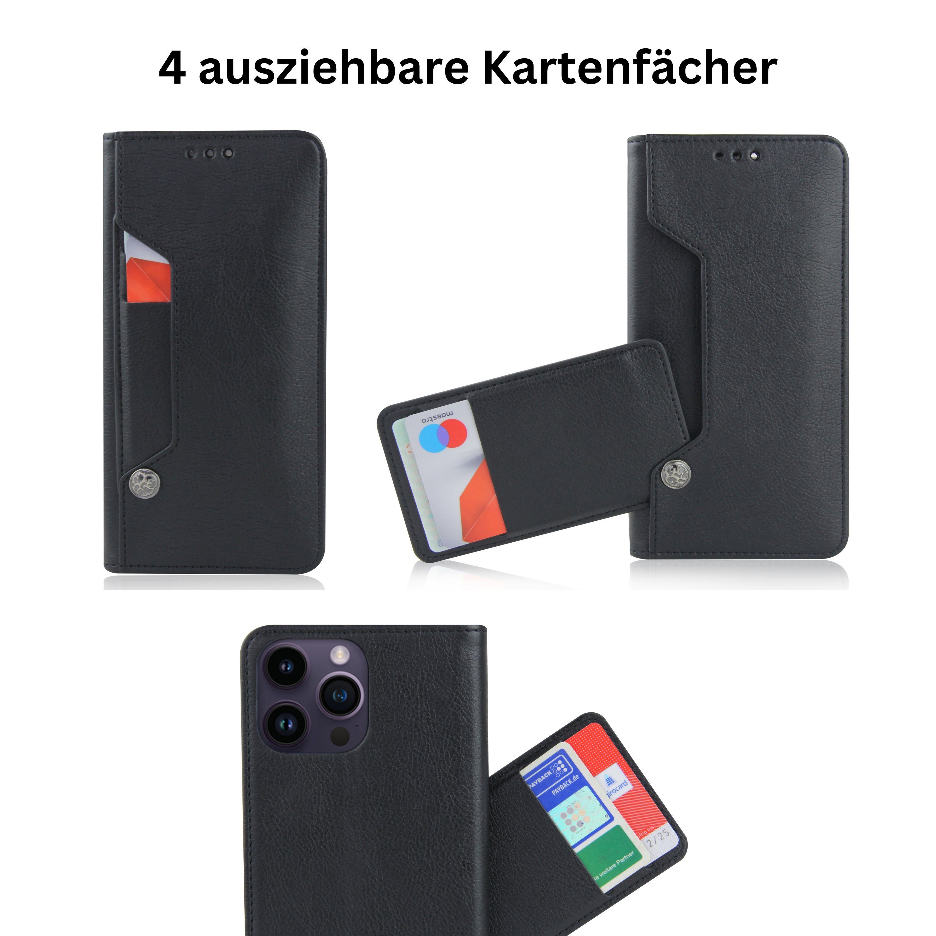 Frentree Handyhülle aus echtem Leder für iPhone 12, 13, 14, Magnetverschluss mit 4 Kartenfächern & 2 Sichtfenstern, Handy-Ständer