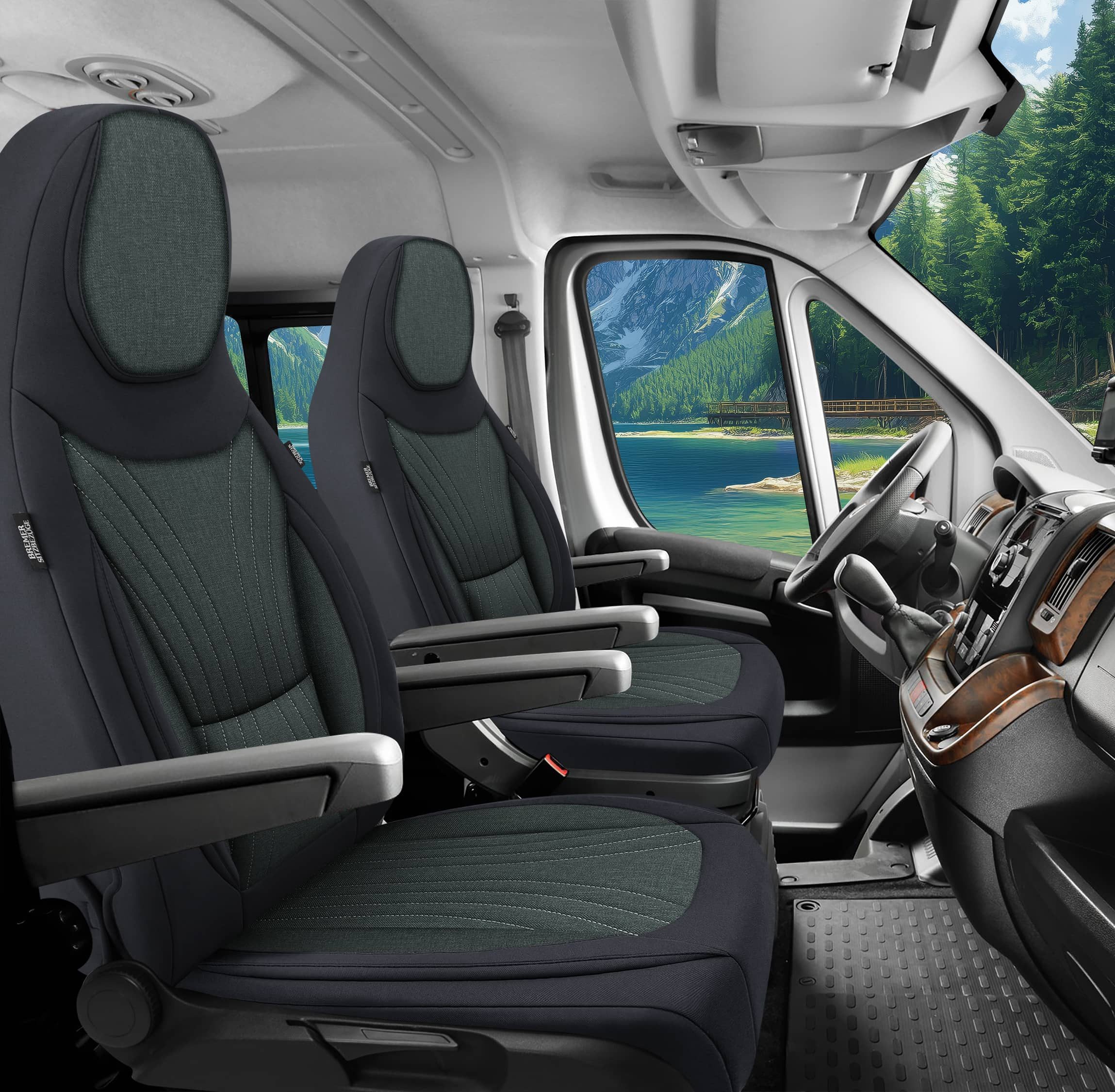 BREMER SITZBEZÜGE Autositzbezug für für Bürstner Campeo (C13), Set, Schonbezüge Sitzbezüge Fahrer und Beifahrer, in Schwarz/Olivgrün