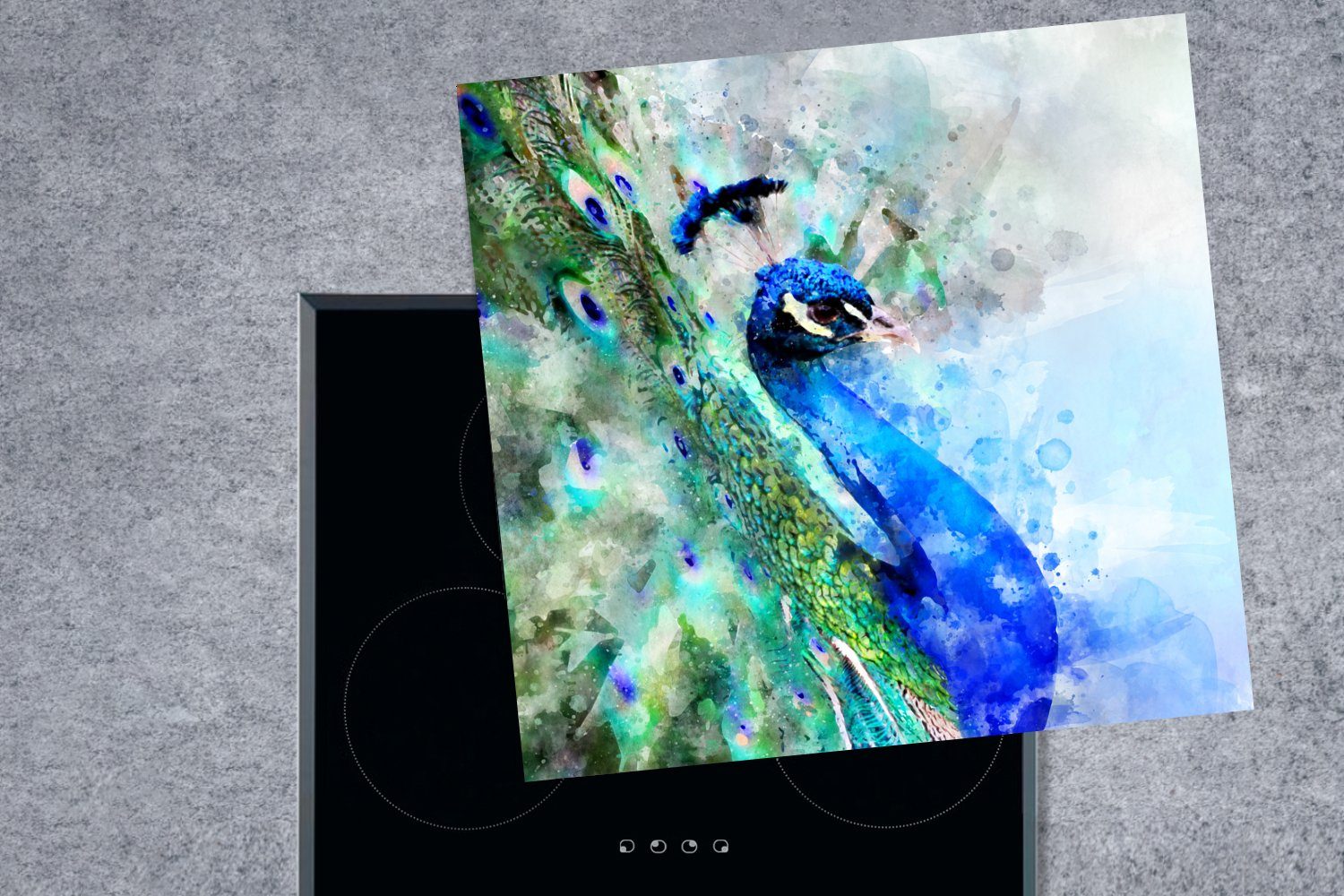 MuchoWow Herdblende-/Abdeckplatte Ceranfeldabdeckung, - Aquarell küche Arbeitsplatte Pfau 78x78 cm, Blau, tlg), für Vinyl, - (1