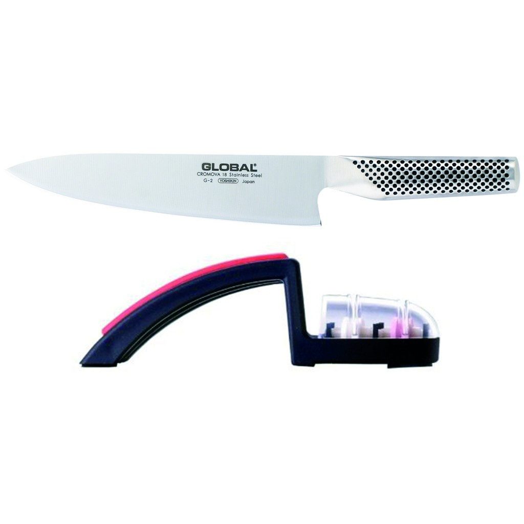 GLOBAL Messer-Set Starter Set Kochmesser + Handschleifer schwarz (Spar-Set, 2-tlg)