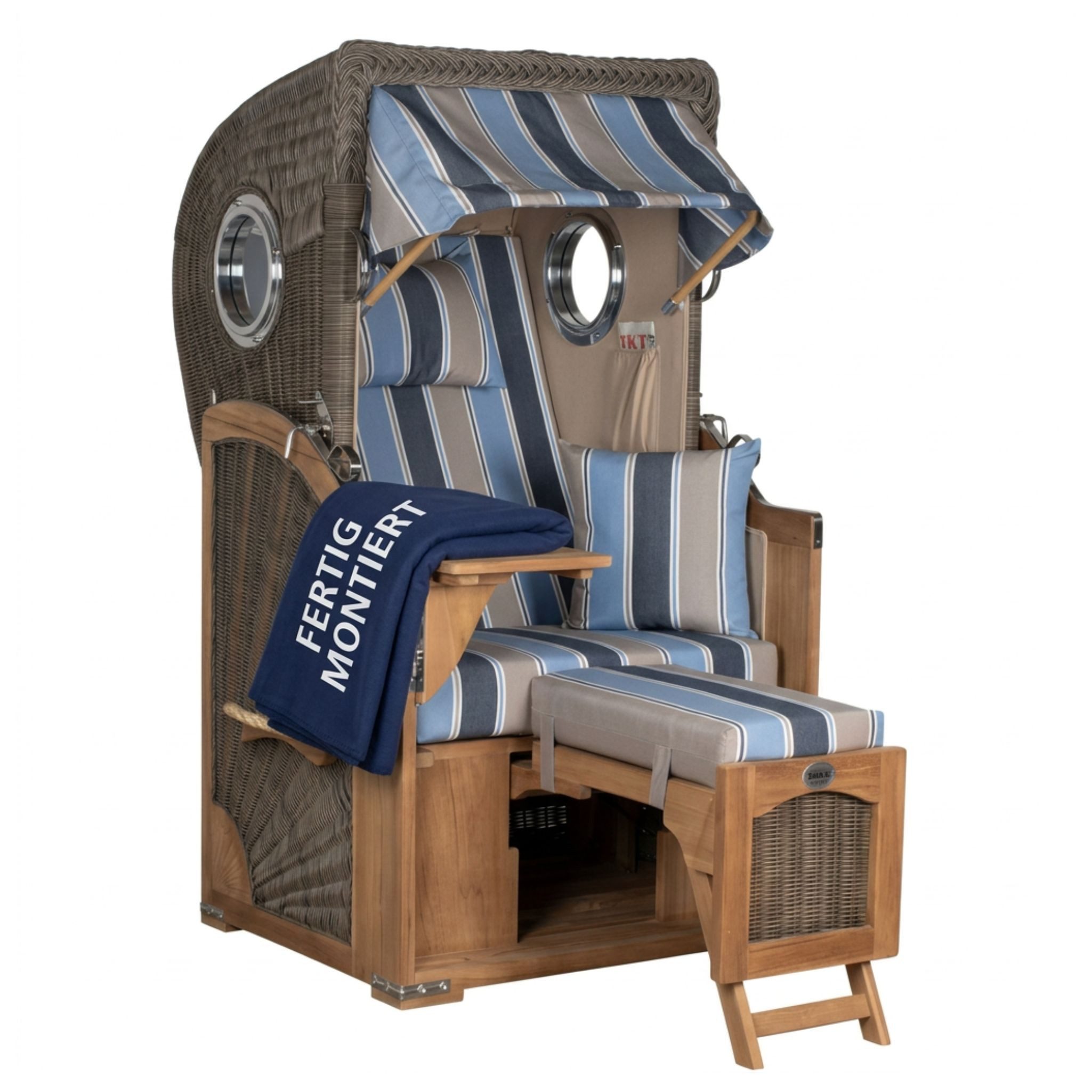 Strandkorb Düne Single 1-Sitzer Bullauge Teak PE-Geflecht Grey 96x165x80