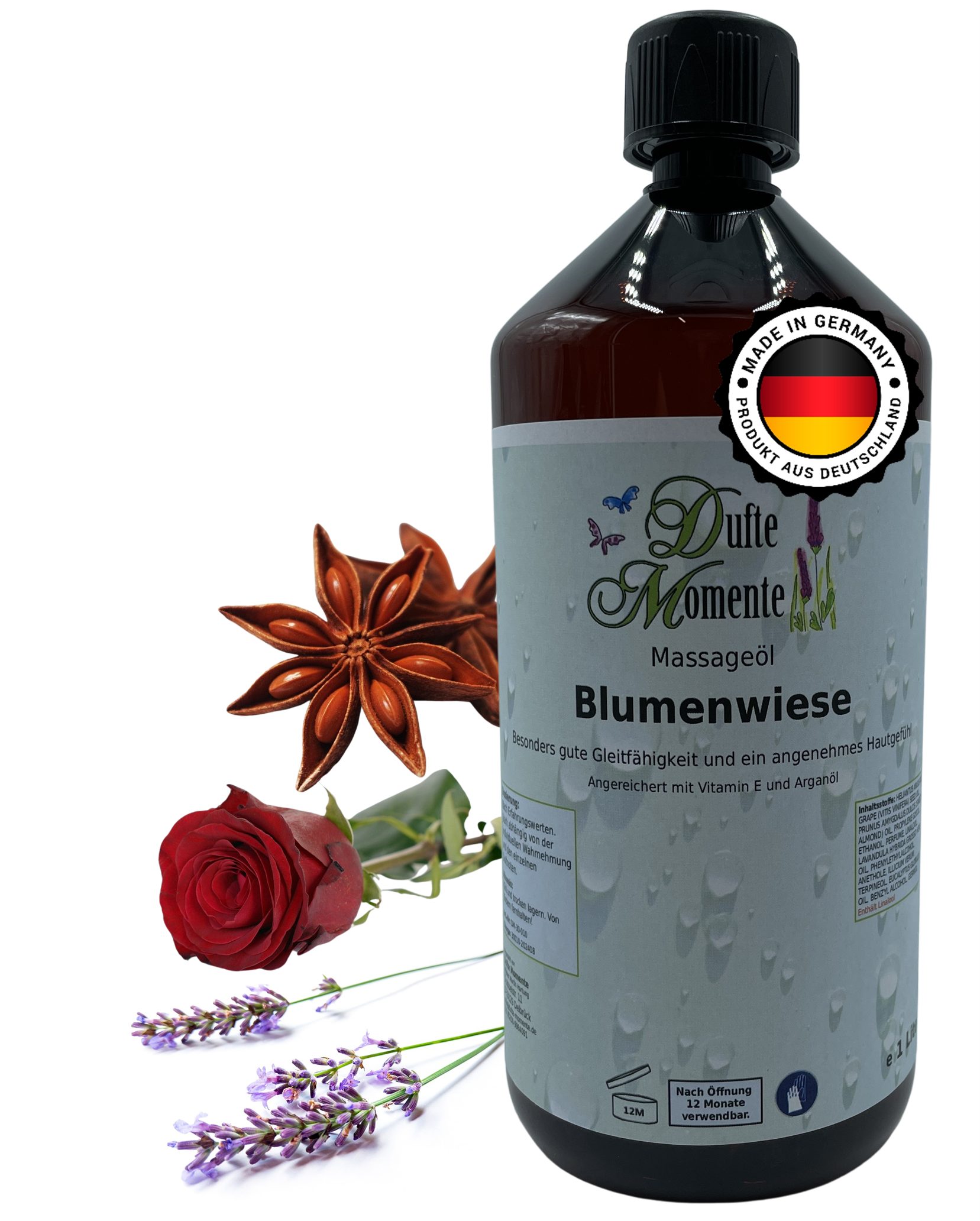 Dufte Momente Massageöl Blumenwiese (Anis, Lavendel, Rose) 250ml - 3L, Paraffinölbasis, vegan & ohne Tierversuche