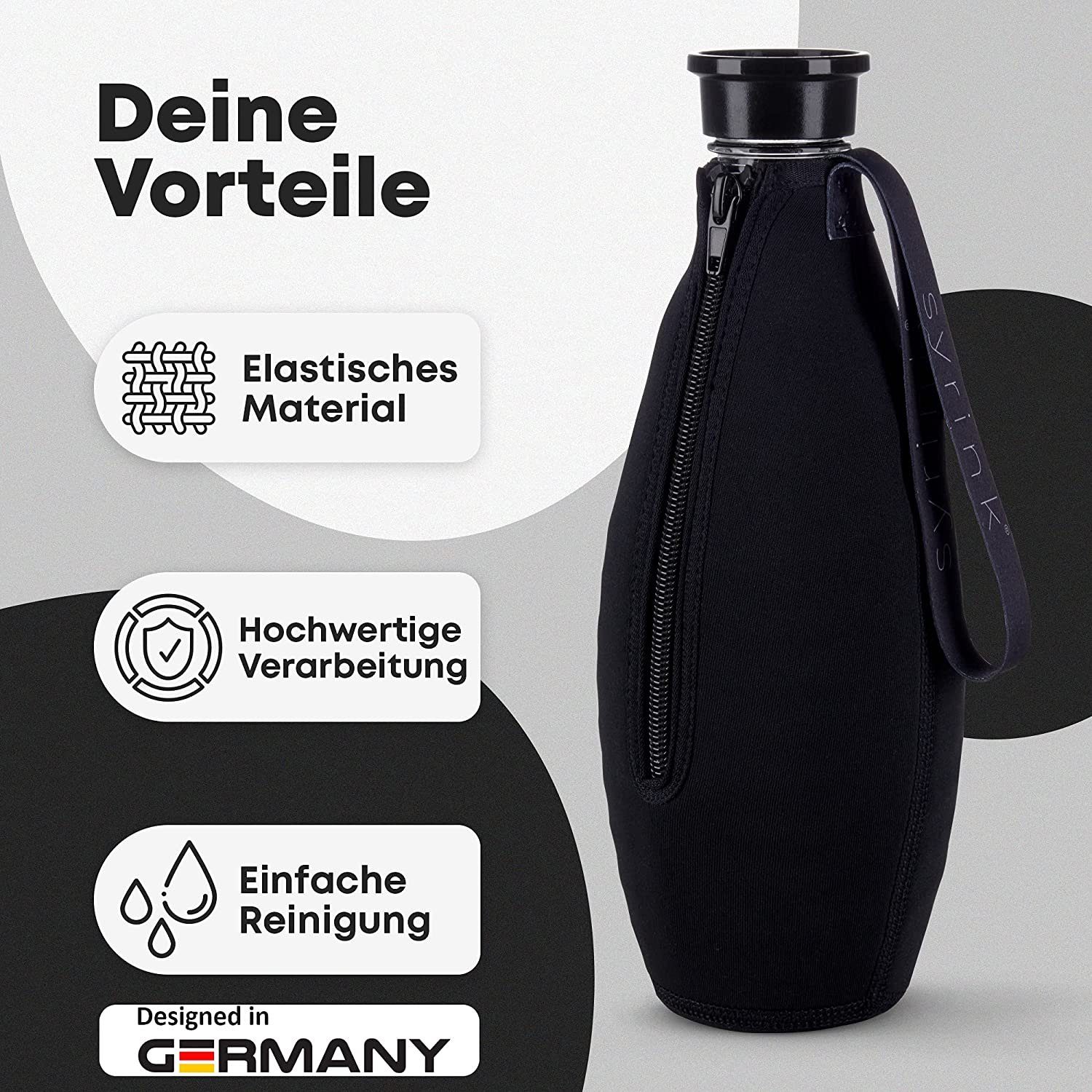 Neoprenschutzhülle Crystal Thermoflasche Thermohülle schwarz kompatibel SYRINK® Glasflasche, 2.0 ROXUS SodaStream mit