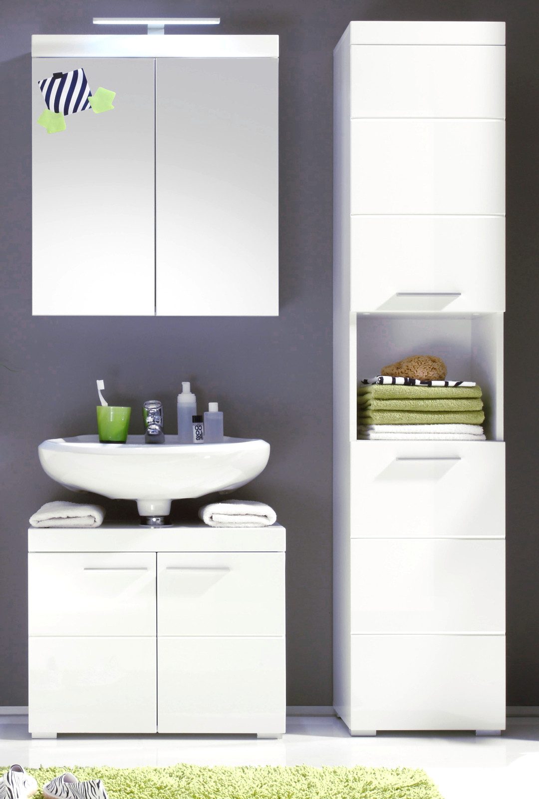 trendteam Badmöbel-Set Amanda, (Badset in weiß 3-teilig, 110 x 190 cm), Hochglanz, mit viel Stauraum