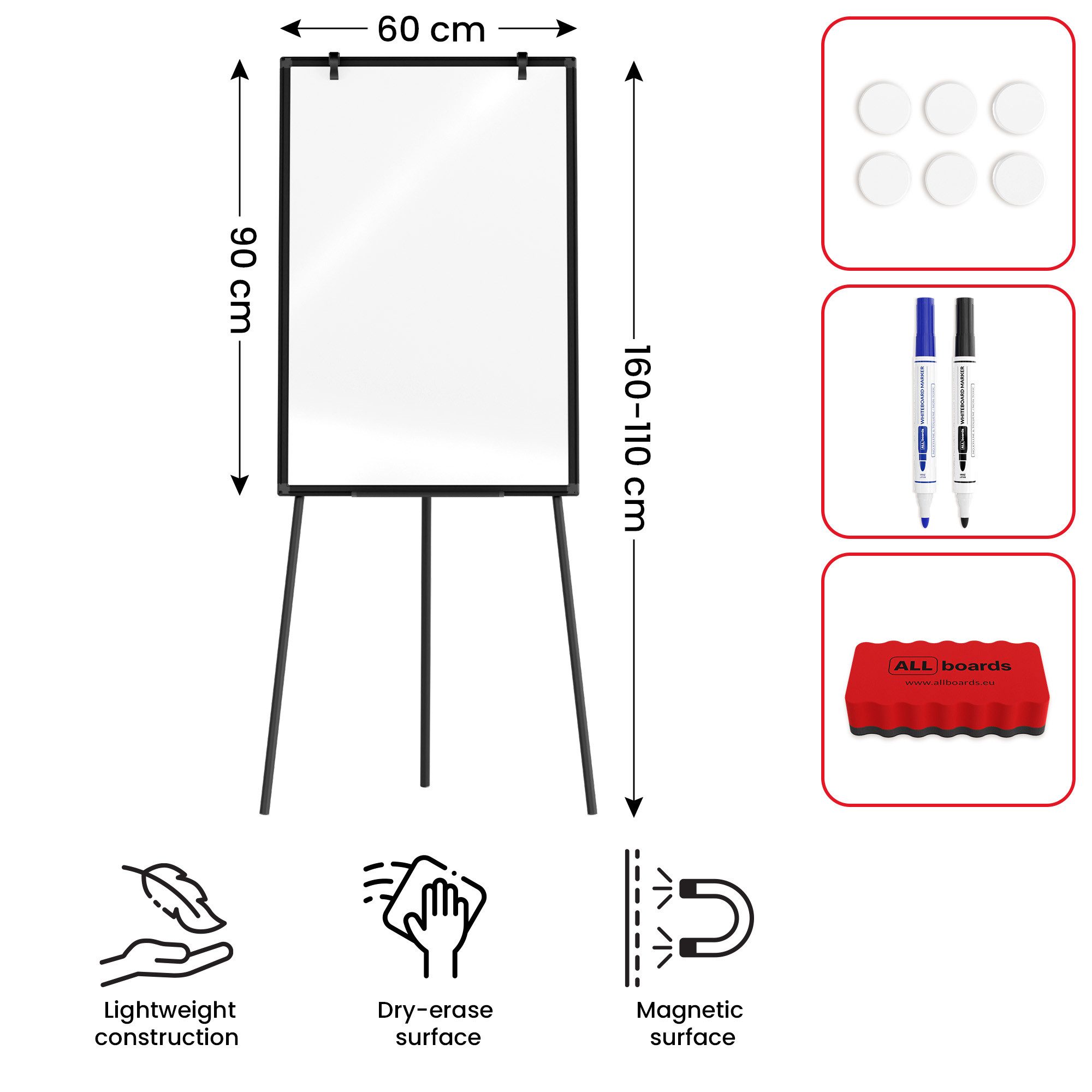 ALLboards Magnettafel ALLboards Magnetisches Whiteboard-Flipchart 90×60 cm + Zubehör