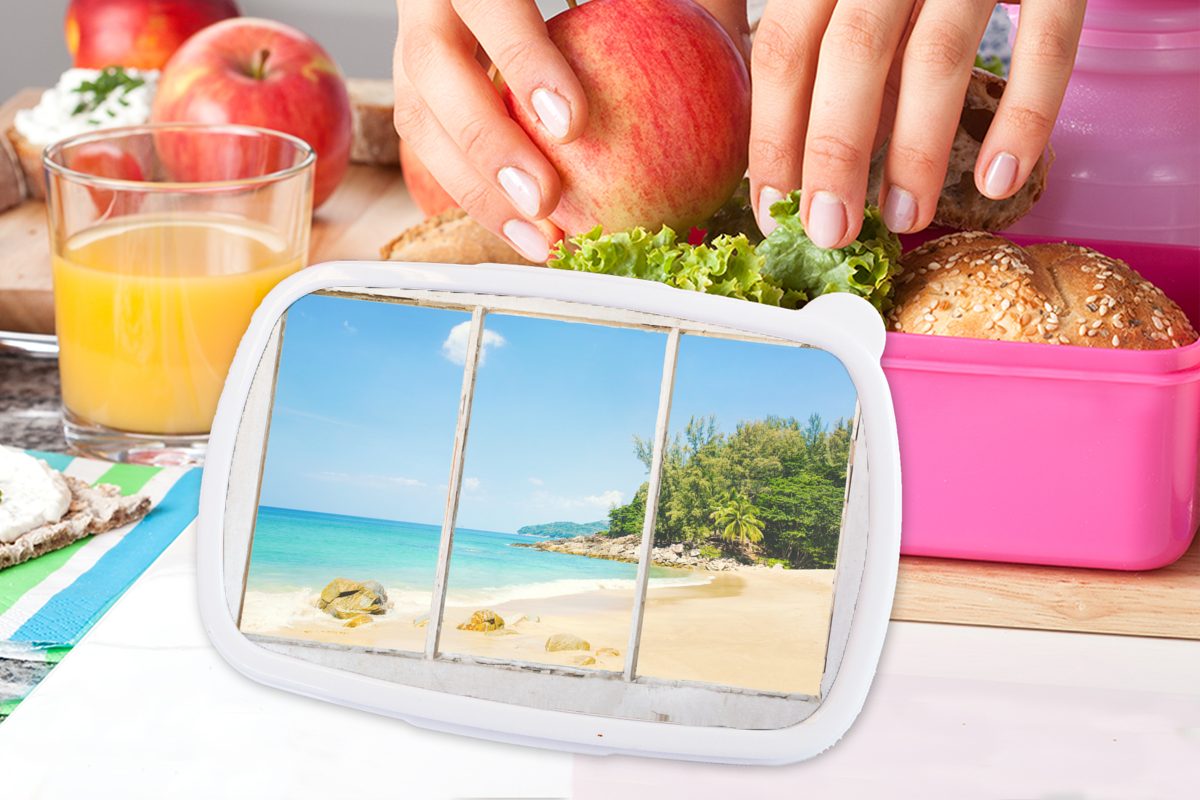Strand Mädchen, rosa Meer, Kinder, Erwachsene, Brotbox - MuchoWow - für Aussicht Kunststoff, (2-tlg), Snackbox, Lunchbox Brotdose Kunststoff