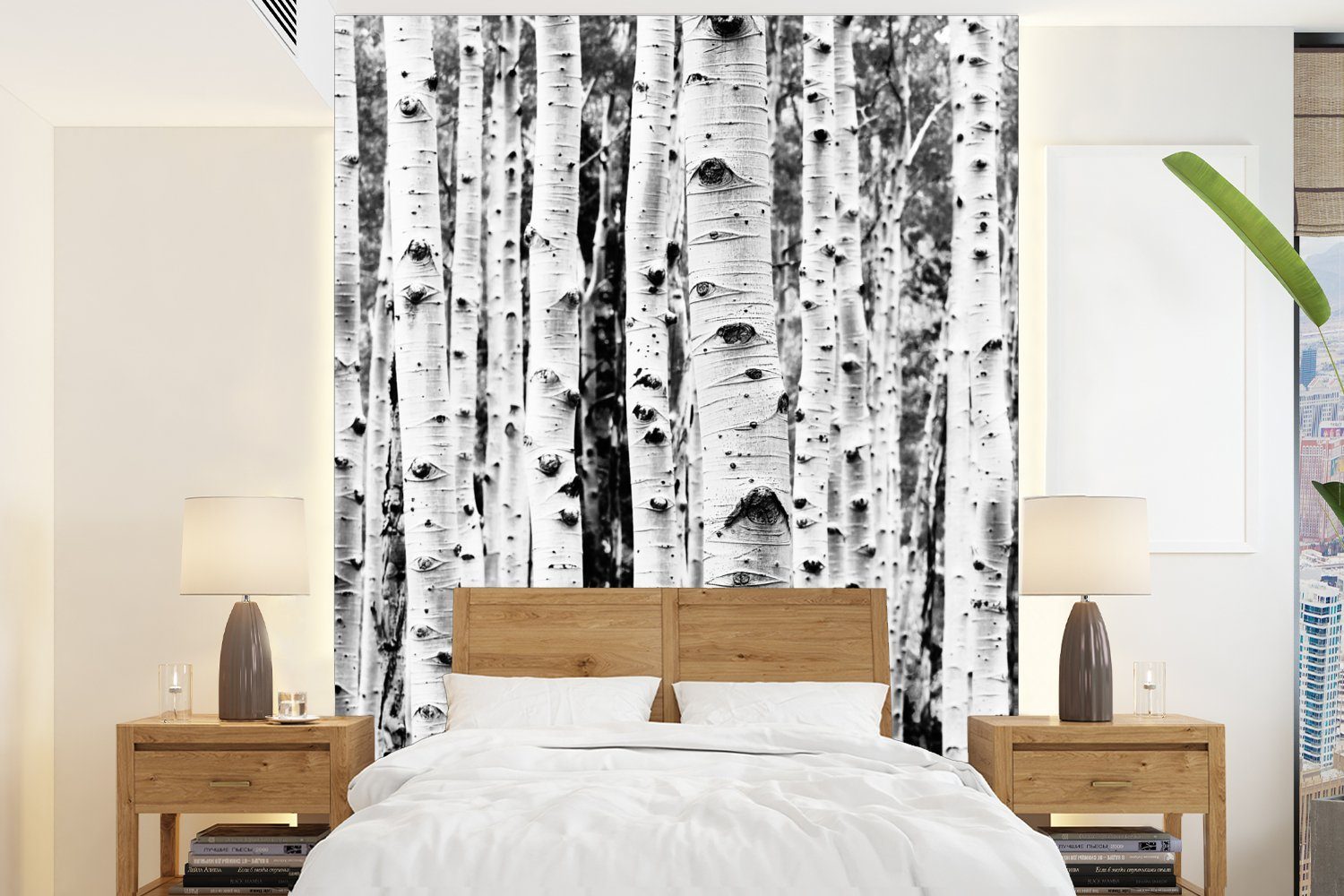 Natur, Vinyl - MuchoWow Wohnzimmer, für Schwarz Wandtapete Bäume und (4 Tapete Matt, Fototapete - - St), weiß Montagefertig Holz bedruckt,