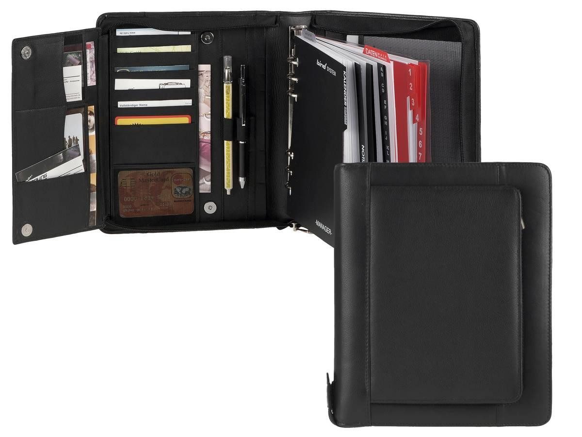 BIND Terminplaner "Business" A5 (22x26cm) Terminkalender Leder schwarz mit Reißverschlus, Kalender 1 Woche auf 2 Seiten 2026, Außenfach