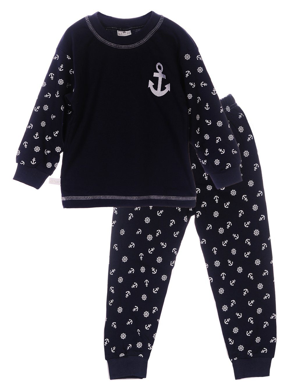 Pyjama Schlafanzug Langarmshirt und Hose für Kinder in Blau mit Anker