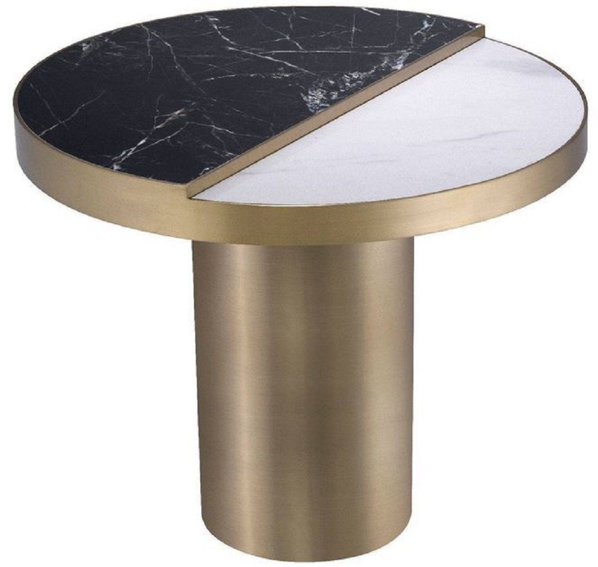 Casa Padrino Beistelltisch Luxus Beistelltisch Schwarz / Weiß / Messingfarben Ø 55 x H. 55,5 cm - Runder Edelstahl Tisch mit 2 halbrunden Keramikplatten - Möbel - Luxus Möbel