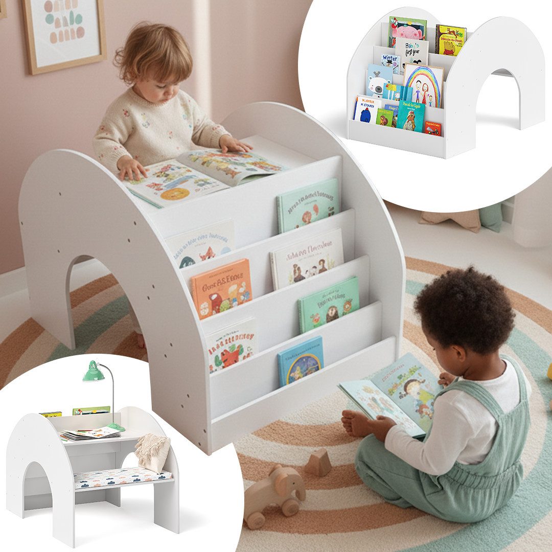 Bellabino Kindersitzgruppe Vily, 2-in-1 Kinderbücherregal und Schreibtisch, weiß aus Birke