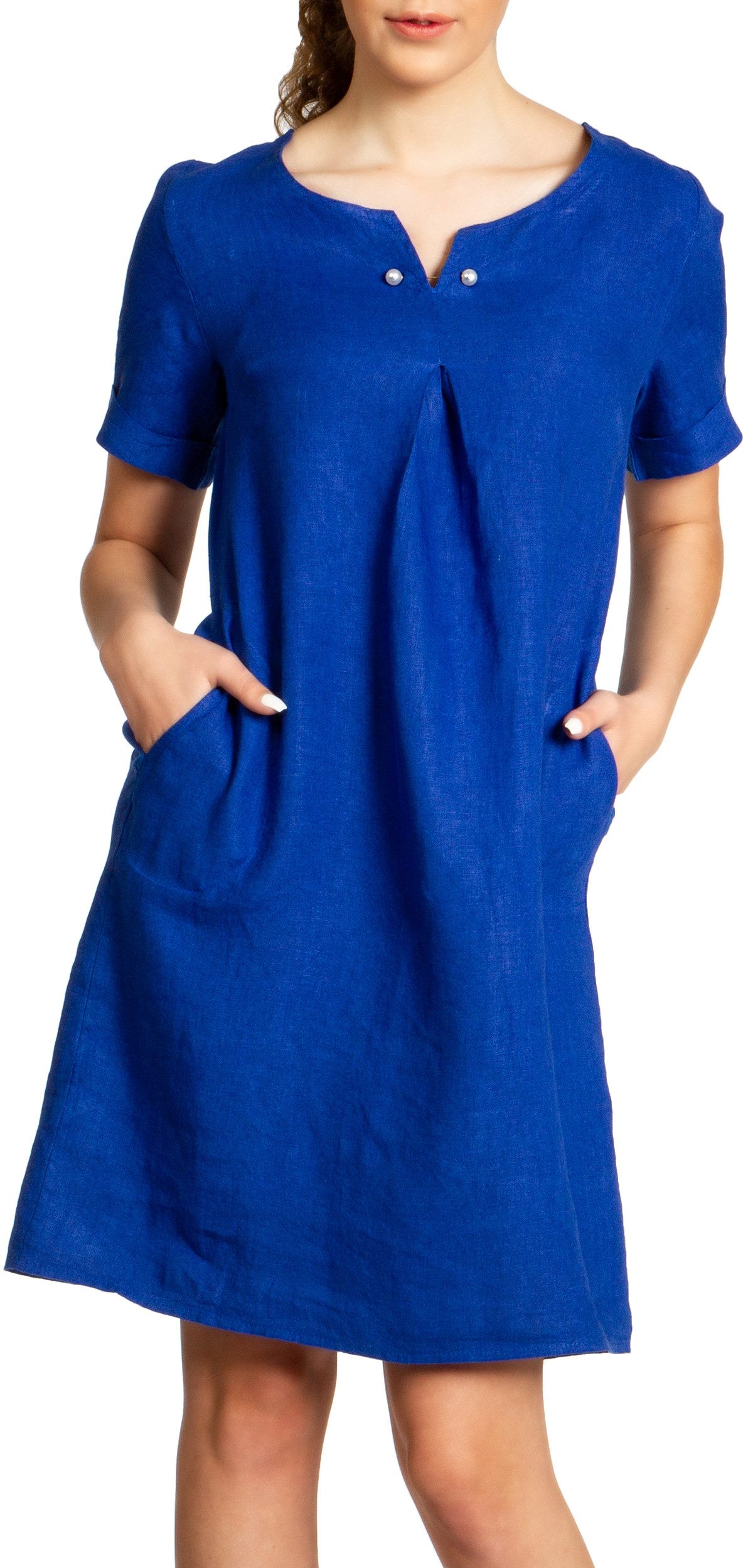 Caspar Sommerkleid SKL029 knielanges Damen Sommer Leinenkleid mit elegantem Perlen Dekor Luftig leicht, figurumspielende Form, mit seitlichem Jersey-Einsatz