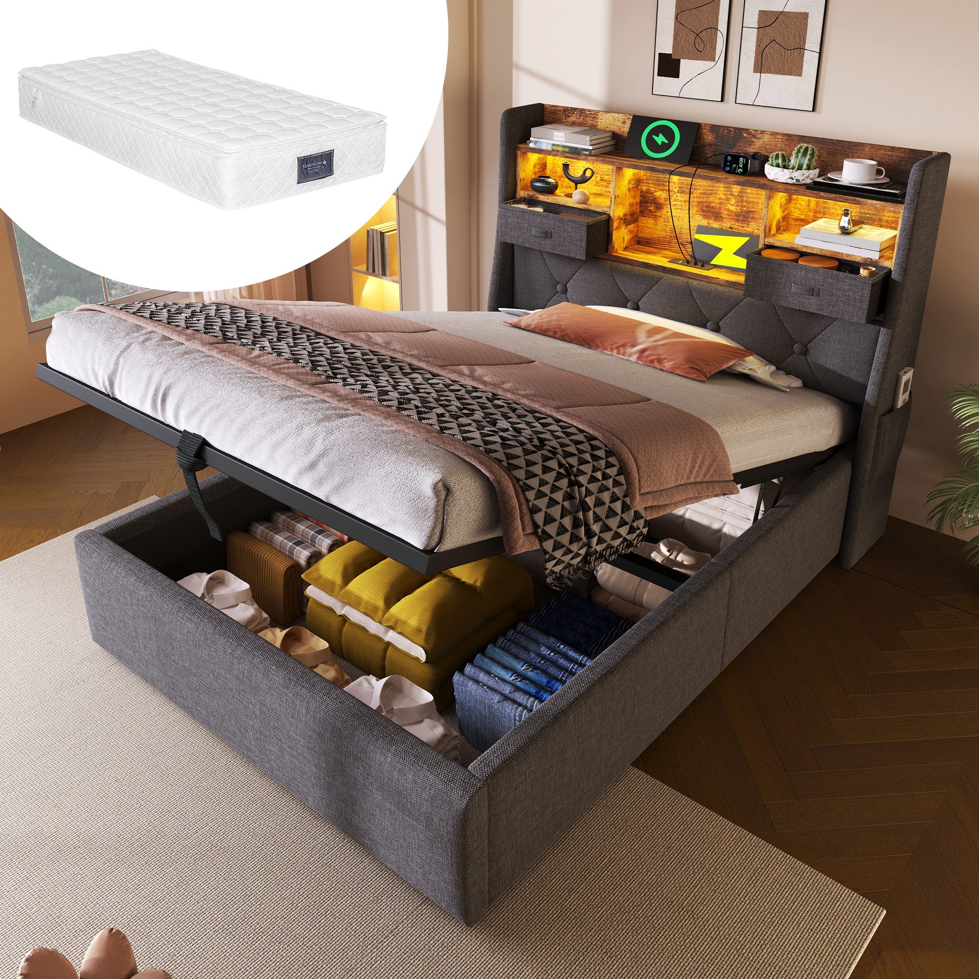 OKWISH Polsterbett mit Hydraulischem Stauraum (Struraumbett, günstig online kaufen