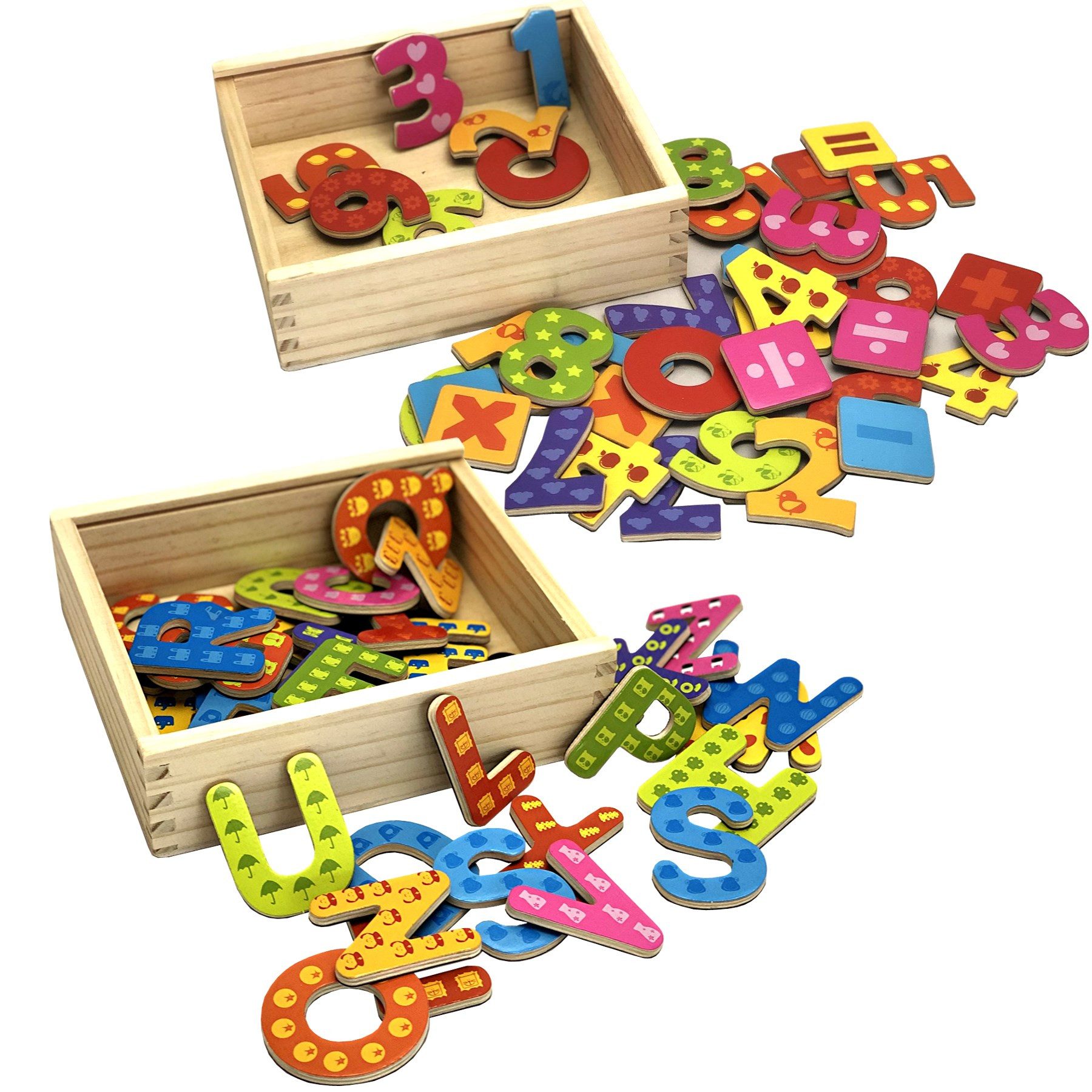 TikTakToo Magnettafel Magnet Buchstaben und Zahlen in Holzkiste, Magnetisch, bunt, pädagogisch, aus Holz, Lernspielzeug