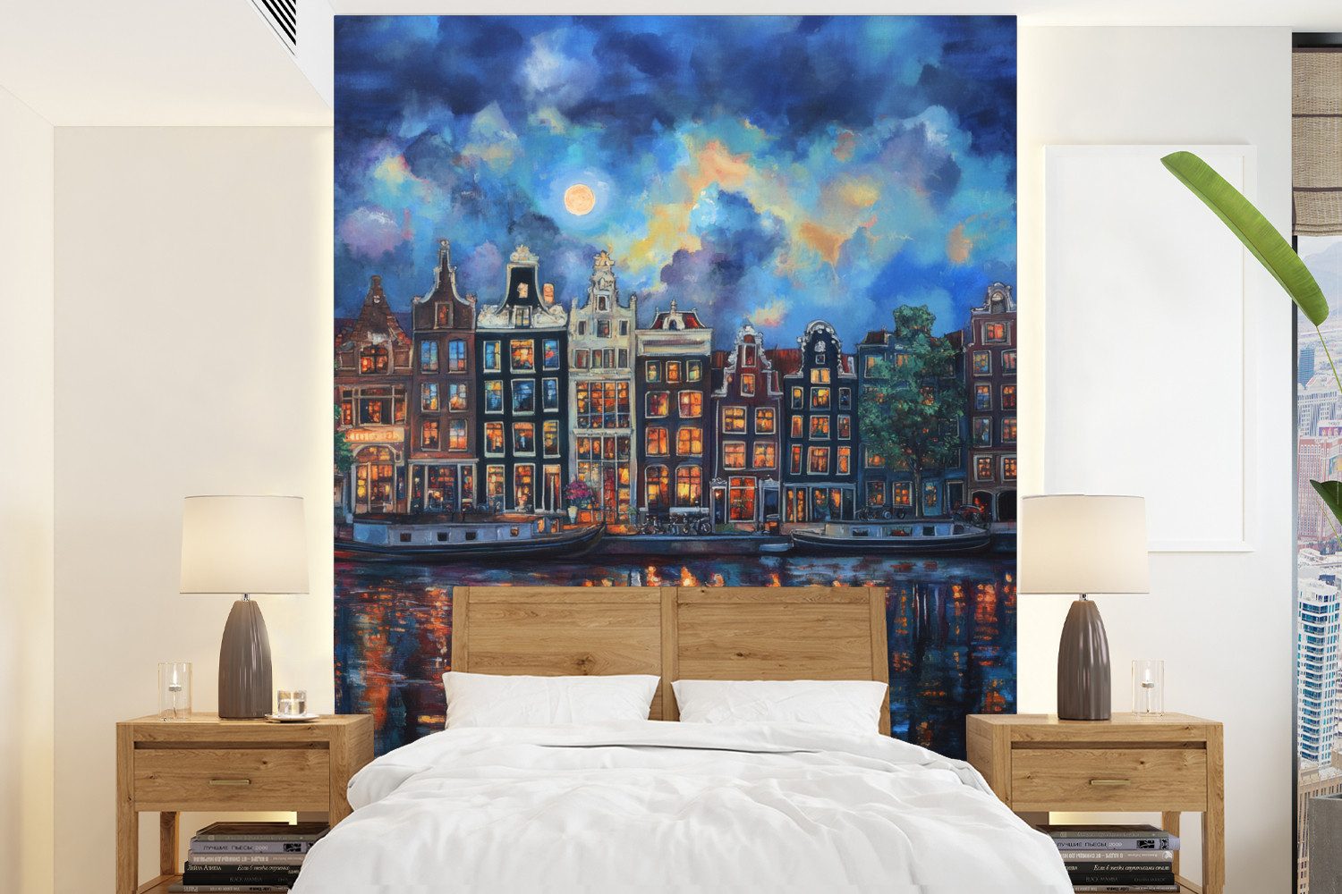 MuchoWow Fototapete Grachten Amsterdam - Häuser - Stadt - Farbenfroh, Matt, bedruckt, Montagefertig Vinyl Tapete, Wandtapete, 190x260 cm