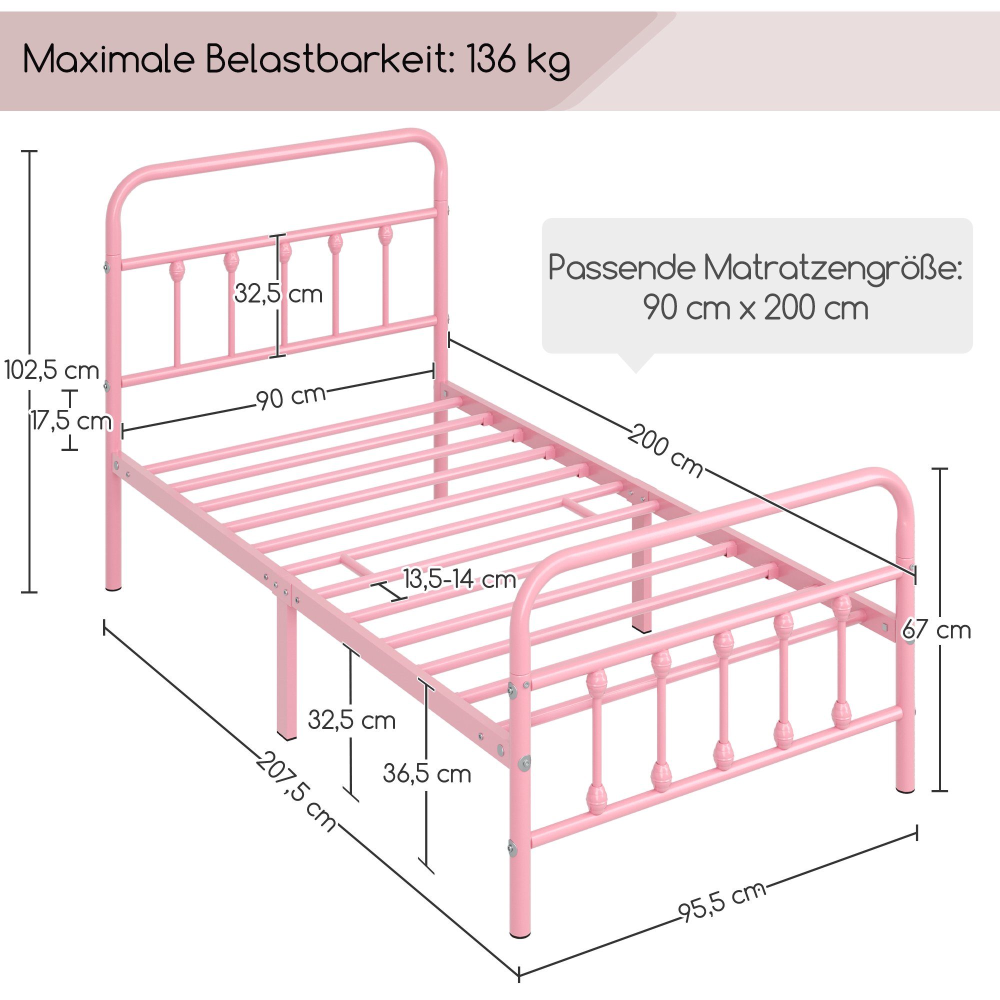 mit Bettgestell, Yaheetech Metall Bettrahmen rosa Kopfteil