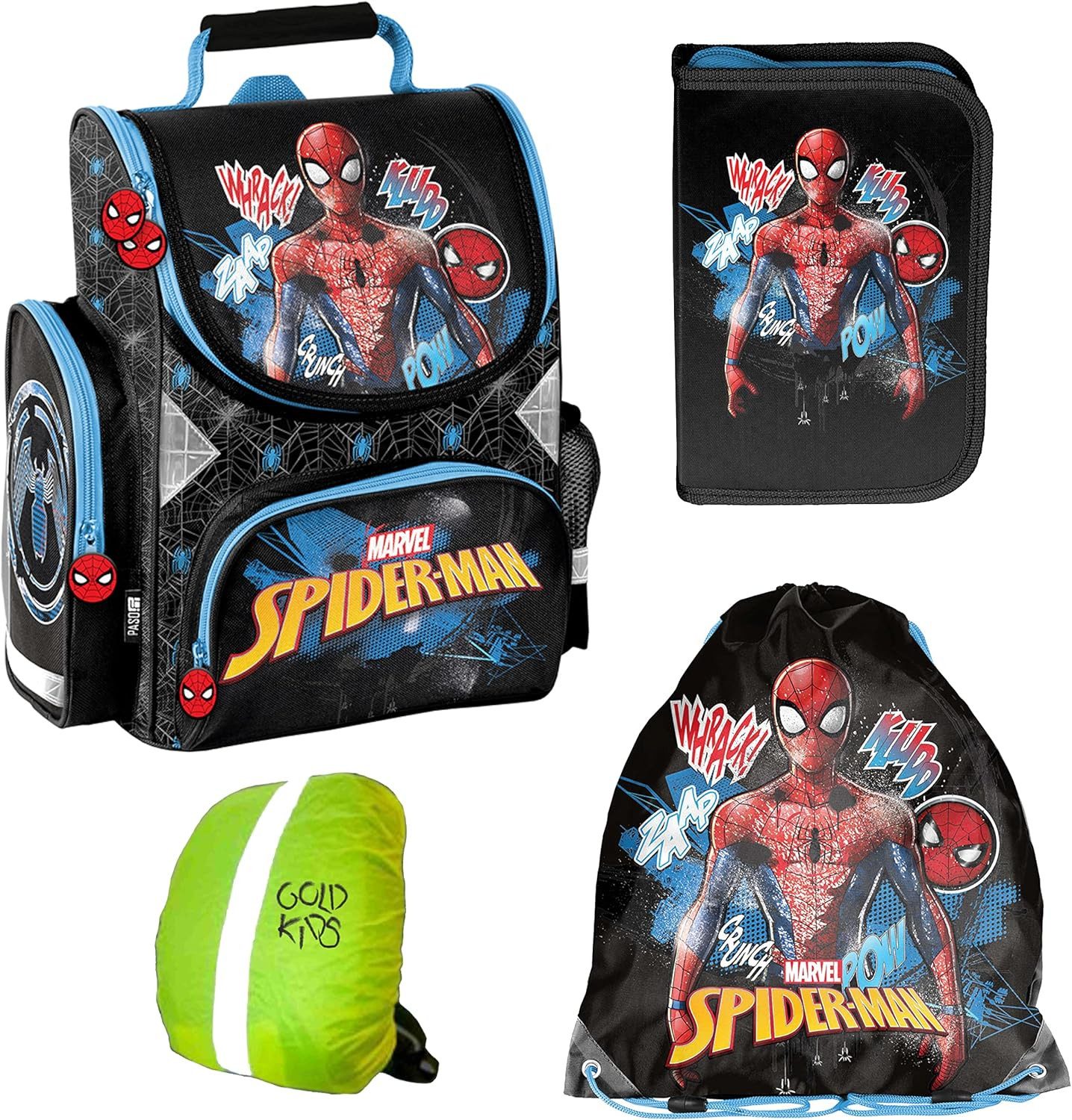 GOLDKIDS Schulranzen Spiderman Set (ergonomischer Ranzen Federmappe, 1-tlg., Turnbeutel Regenschutz 4 teiliges Set), Lizenzartikel