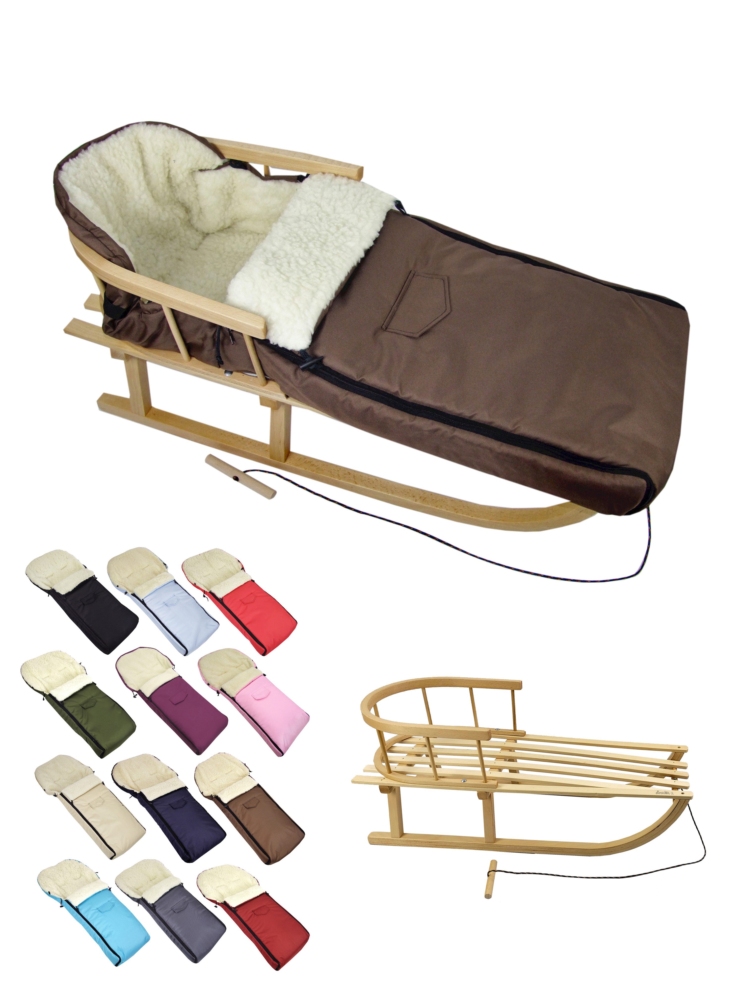 BambiniWelt by Rafael K. Санки CE-HOLZSCHLITTEN mit Rückenlehne Zugleine + WINTERFUßSACK Wolle 108cm (universaler Winterfußsack (108cm) + Деревянные санки (90cm), Kombi-Angebot