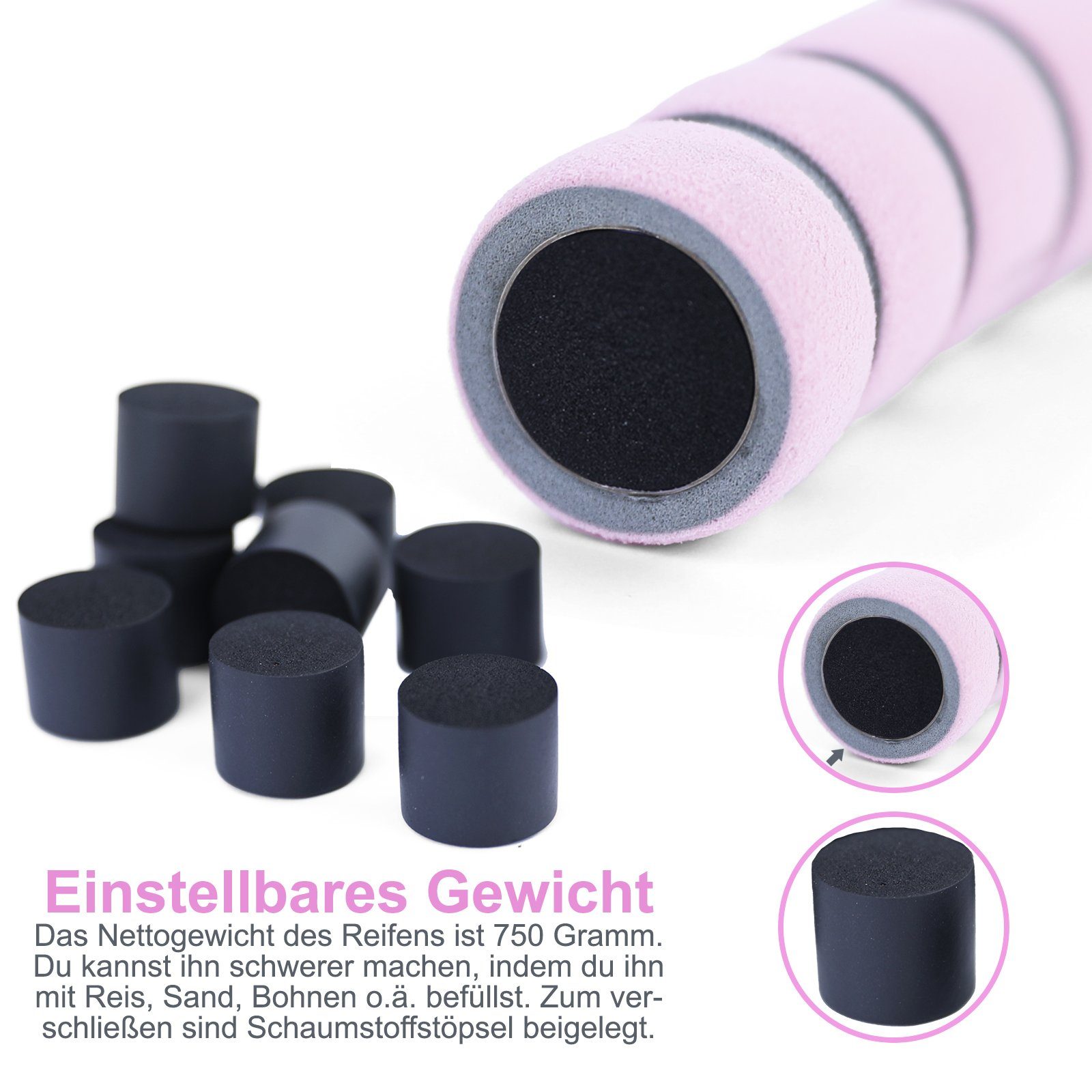 8 Grau Hoop Pink Reifen Teile RAMROXX Fitness Hula-Hoop-Reifen befüllbar Hula Edelstahl gepolstert